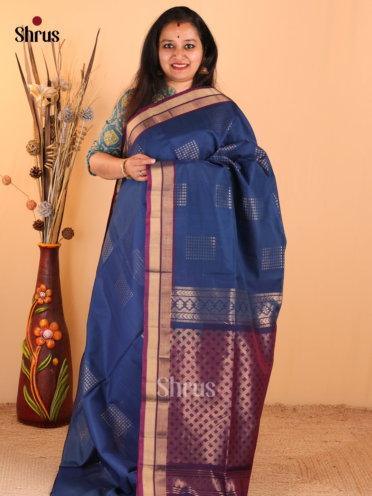 Blue Silk Cotton Saree With Zari Woven Square Buttas, Rettapet Wine Border & Zari Pallu - Shop on Shrus.com