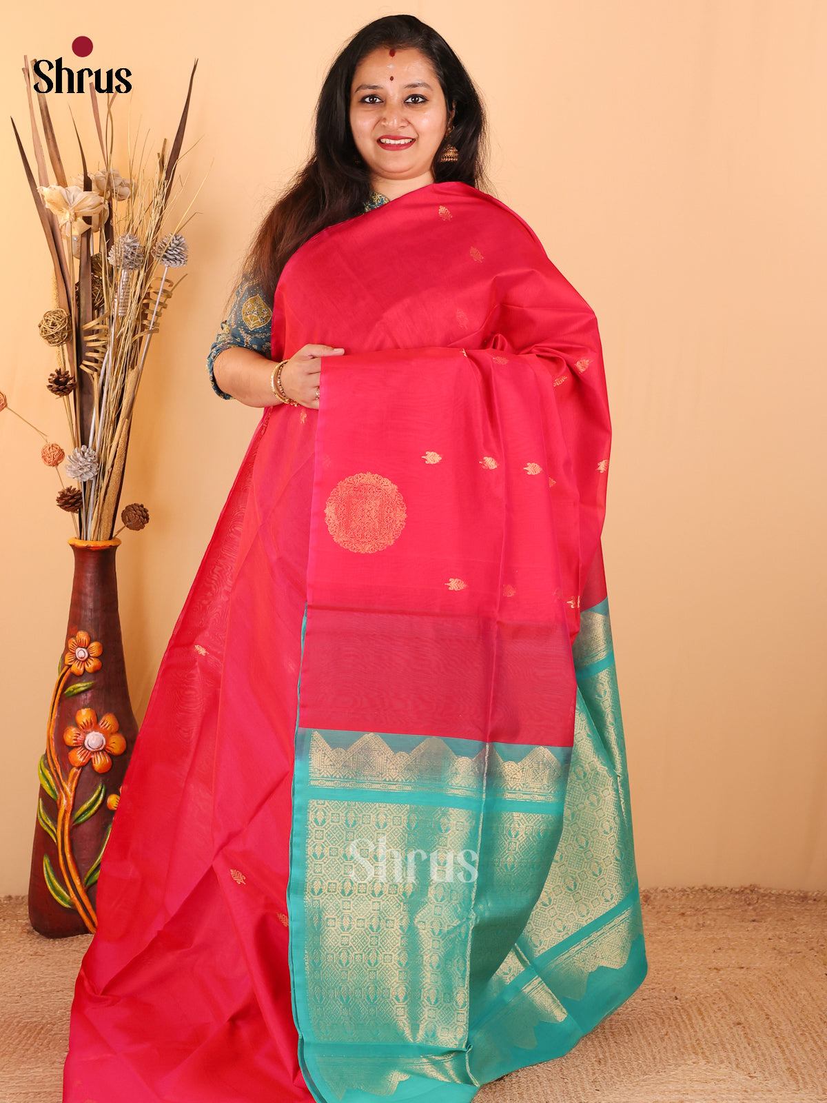 Dark Pink Borderless Silk Cotton Saree With Zari Buttas & Teal Green Zari Woven Pallu - Shop on Shrus.com