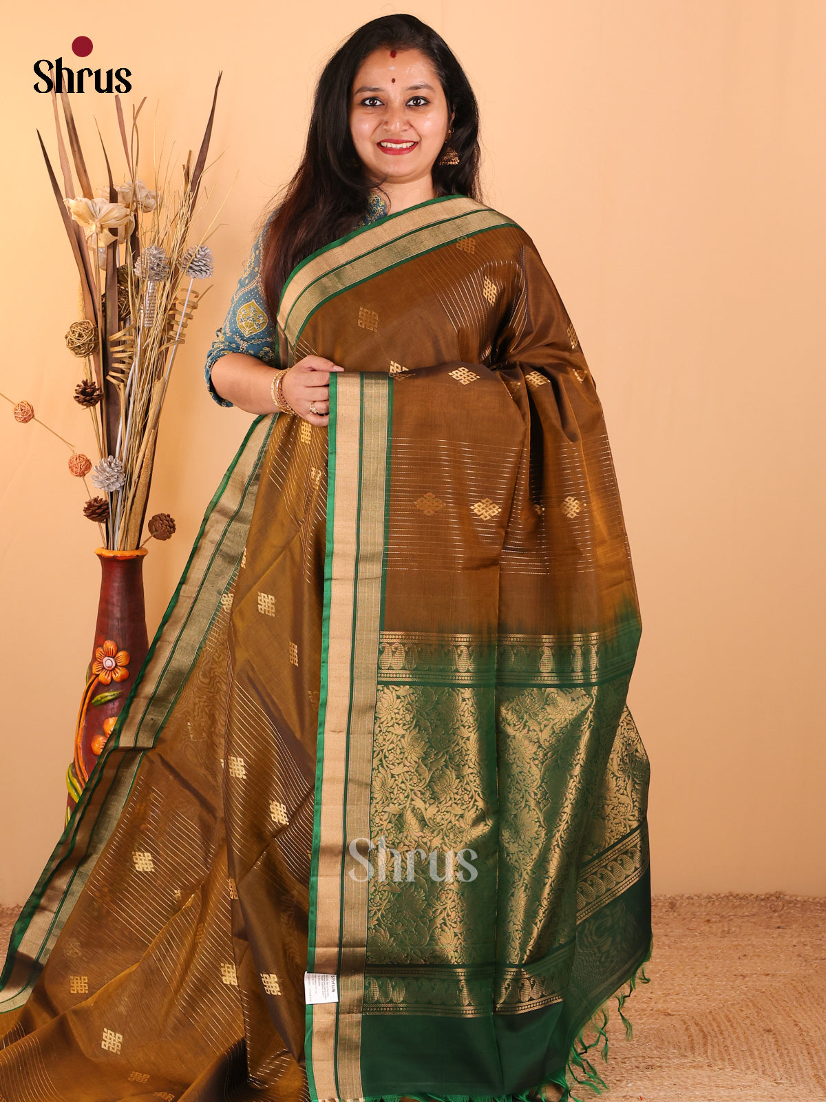 Brown Silk Cotton Saree With Gold Zari Stripes And Buttas Across The Body with Green Zari Woven Border And Pallu - Shop on Shrus.com