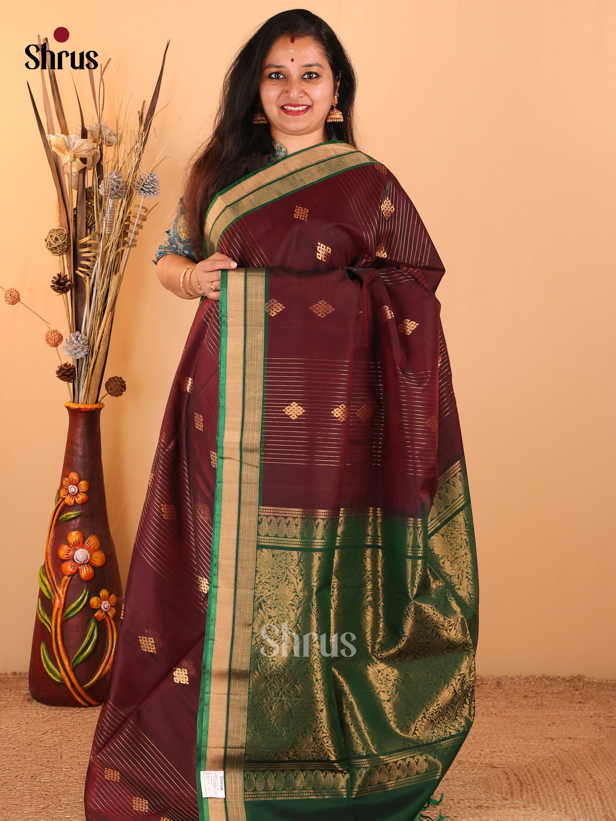 Maroon Silk Cotton Saree With Zari Stripes & Buttas Paired with Green Border And Pallu - Shop on Shrus.com
