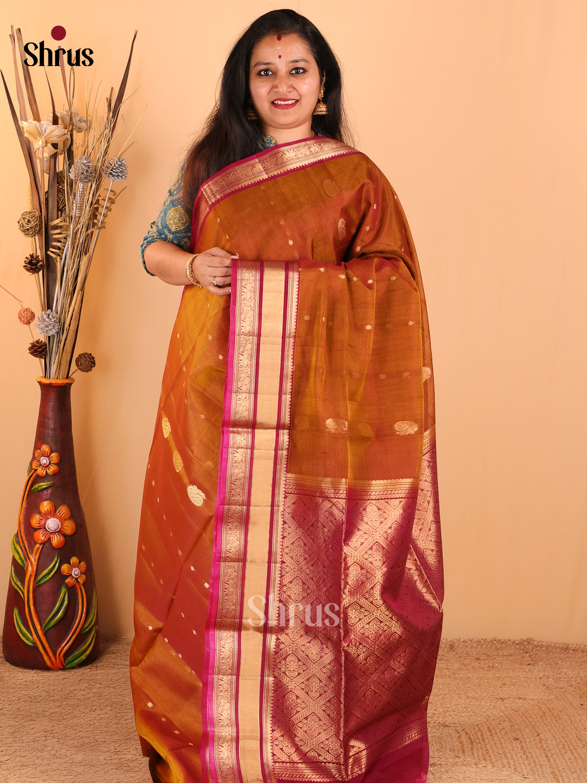 Brown with Pink - Silk Cotton Saree - DDS10136 - Shop on Shrus.com