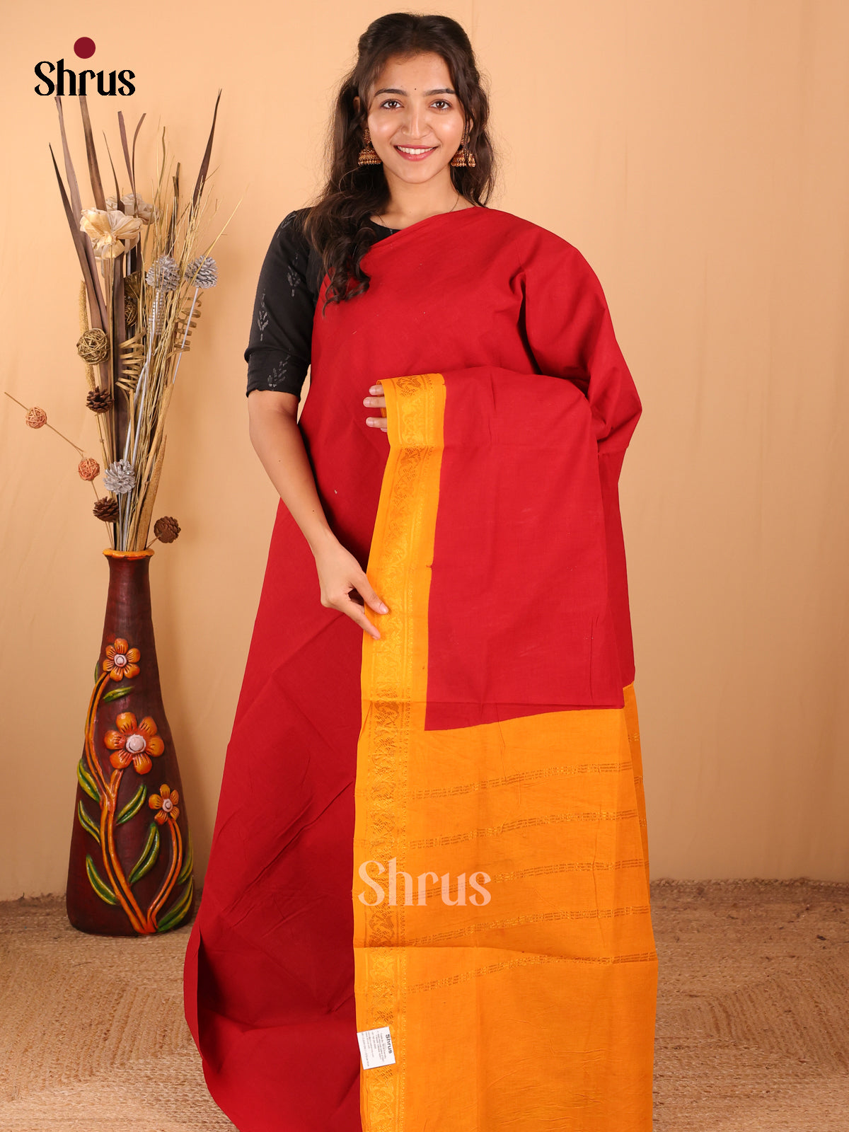 Red with Mustard - DDS11026 - Sungudi Cotton Saree - Shop on Shrus.com
