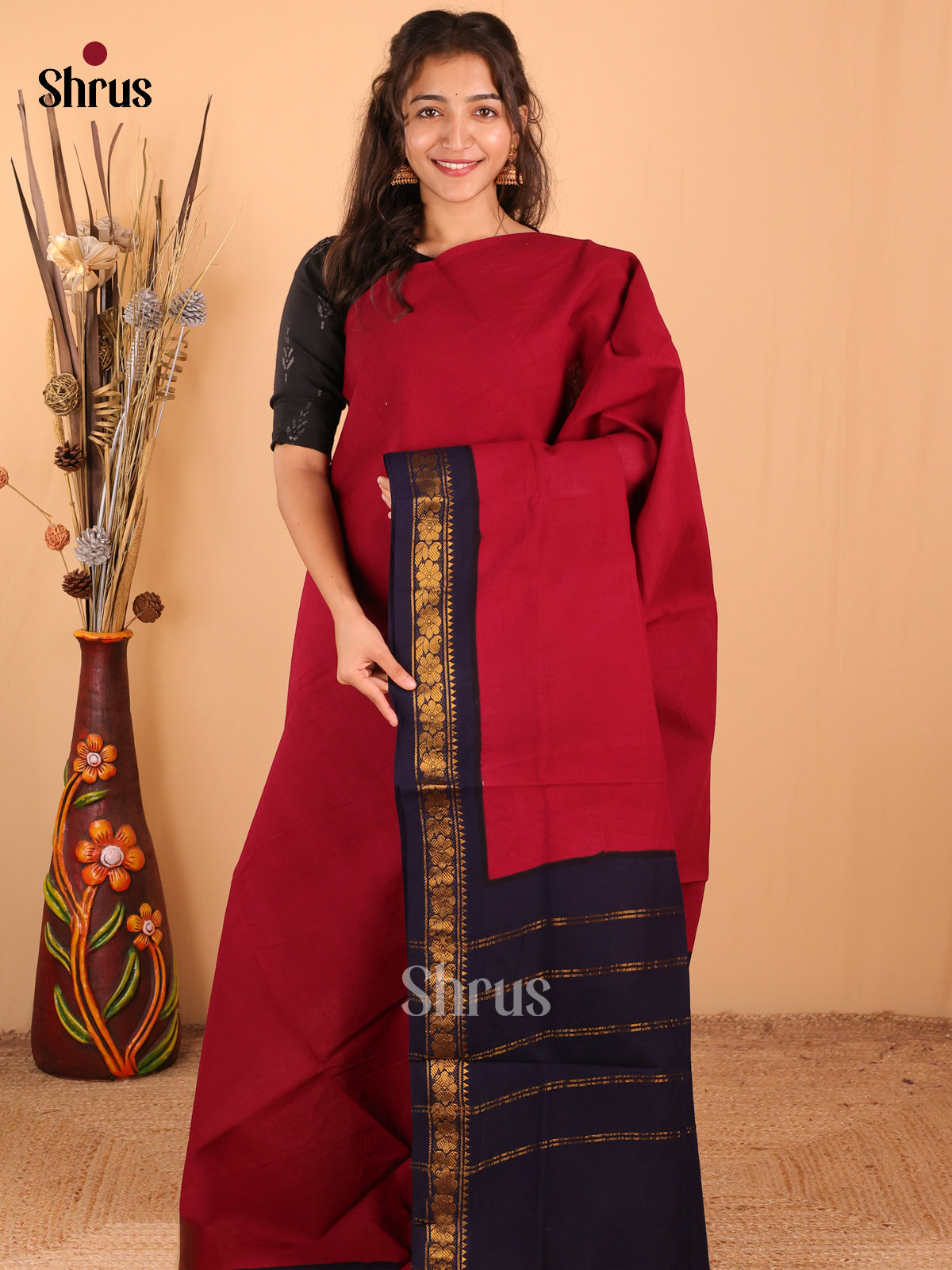 Maroon with Blue - DDS11041 - Sungudi Cotton Saree - Shop on Shrus.com