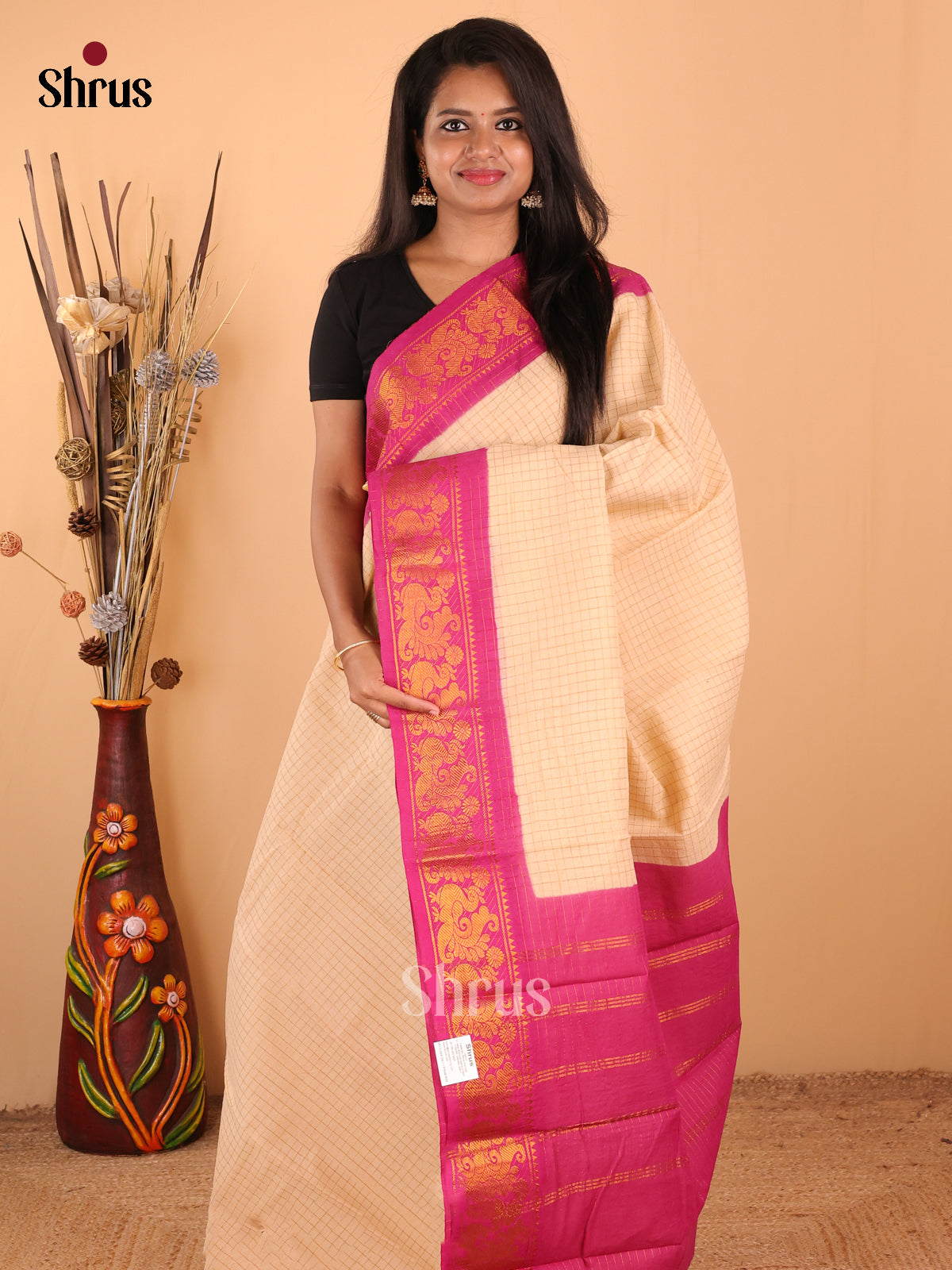 Cream with Pink - DDS11061 - Sungudi Cotton Saree - Shop on Shrus.com