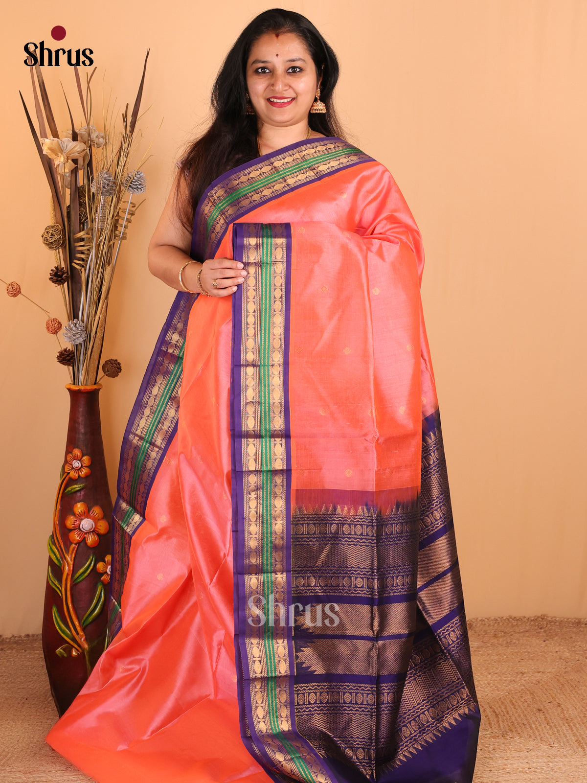 Cute Peachish Pink Cotton Silk Saree with Violet Zari Buttas & Brocade Pallu - Shop on Shrus.com