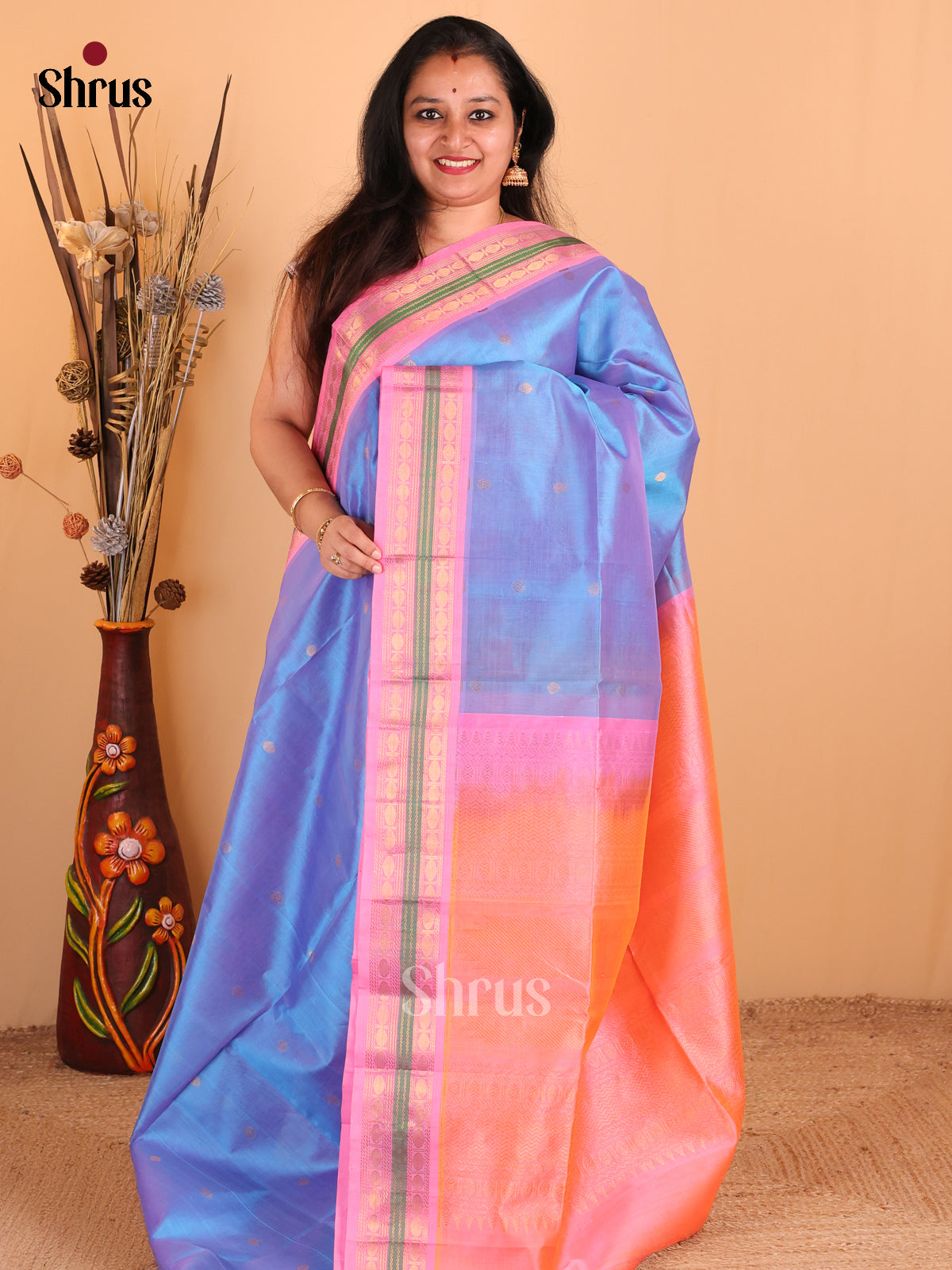 Serene Blue Silk Cotton Saree With Zari Buttas, Pink Border & Zari Woven Pallu - Shop on Shrus.com