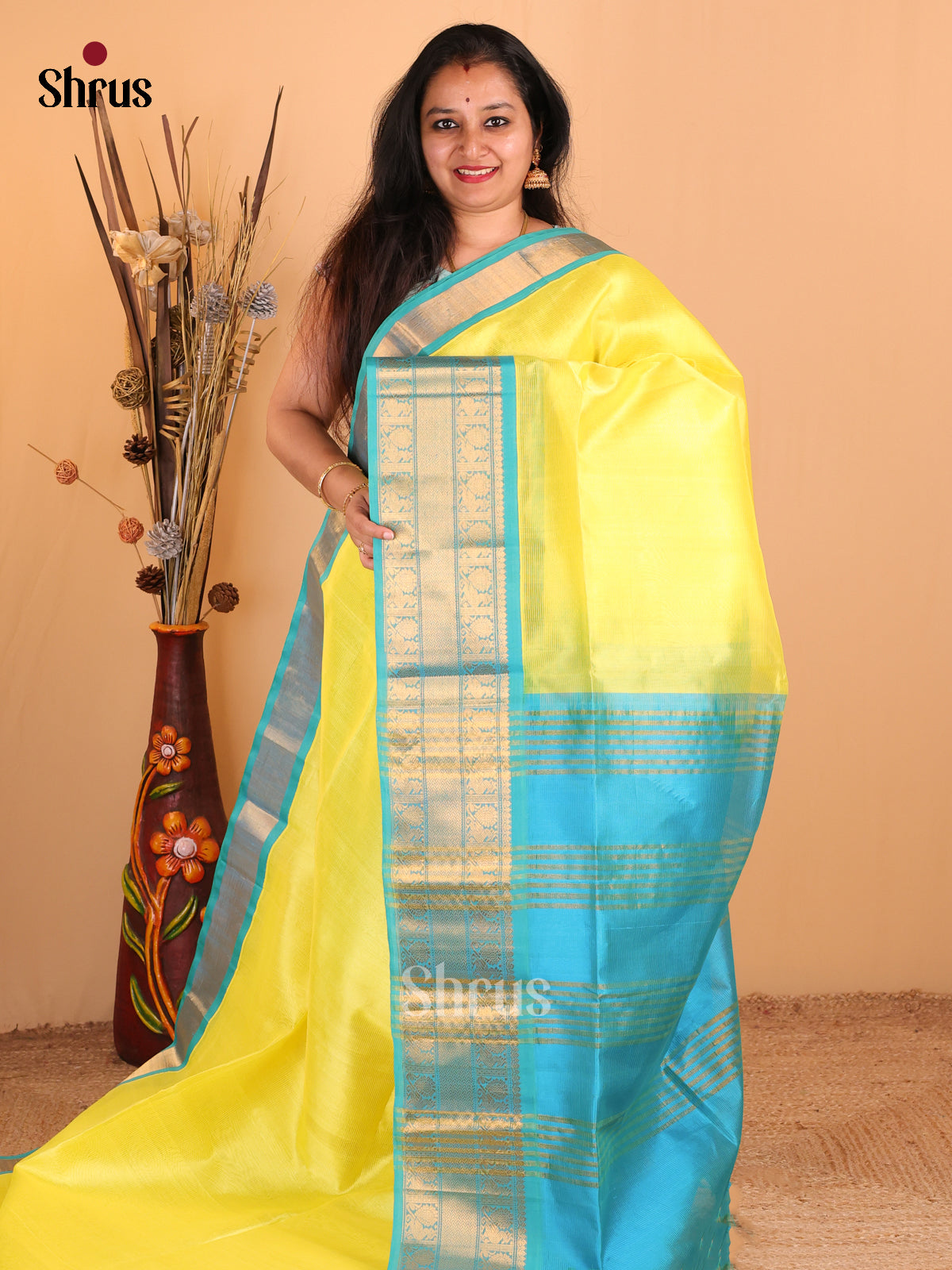 Lemon Yellow with Teal - DDS12045 - Silk Cotton Saree - Shop on Shrus.com