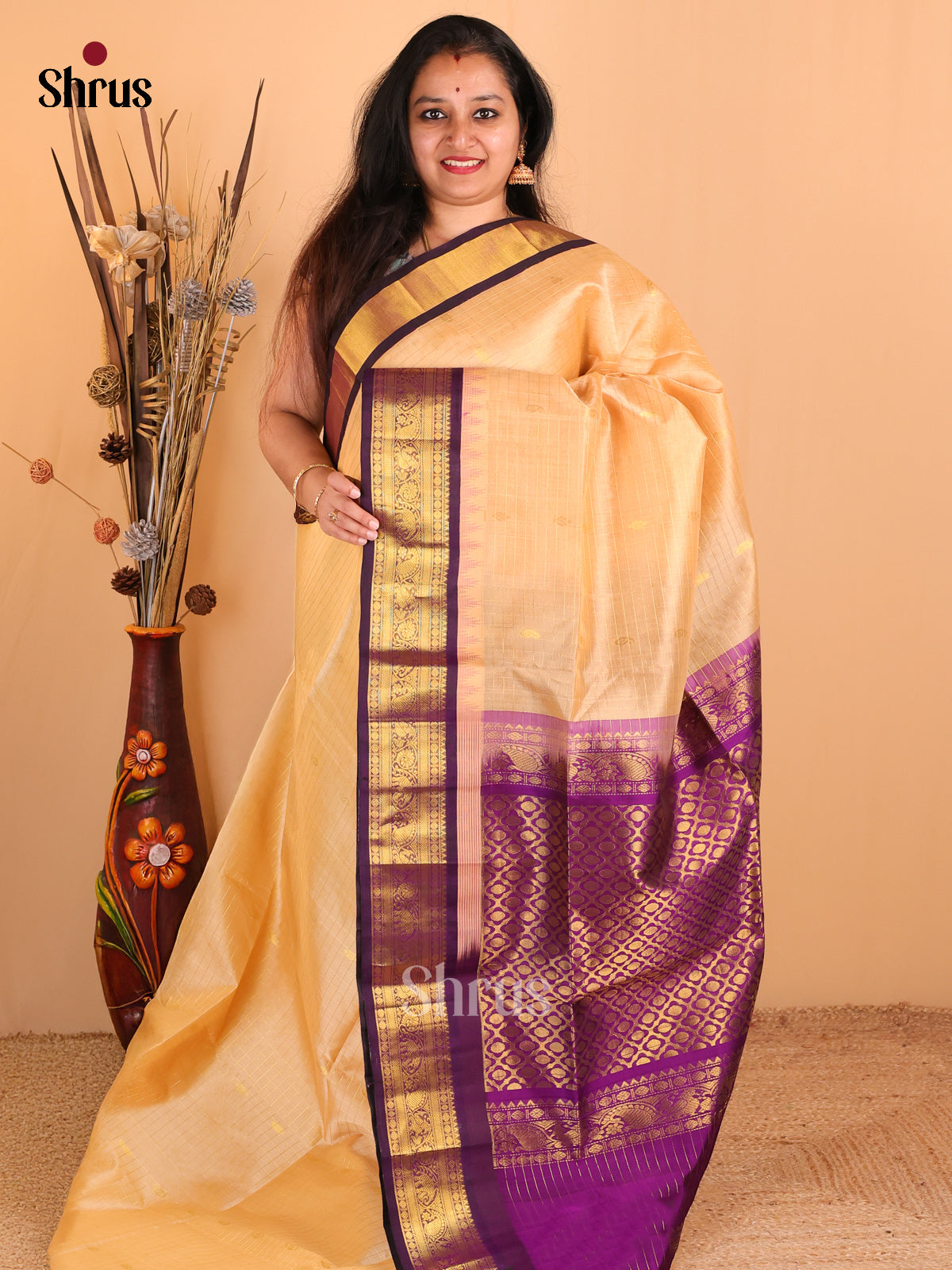 Cream with Violet - DDS12056 - Silk Cotton Saree - Shop on Shrus.com