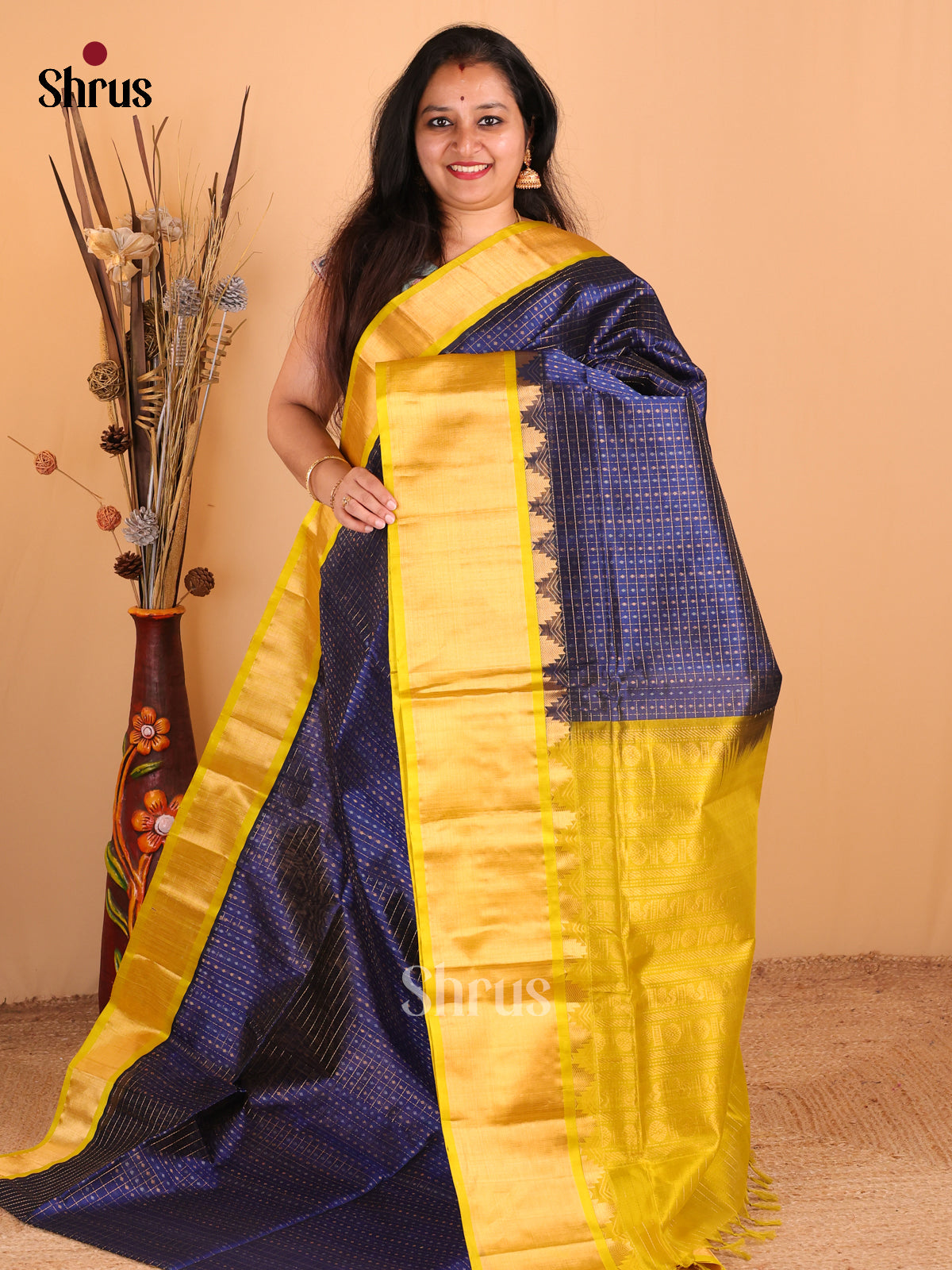Blue with Yellow - DDS12097 - Silk Cotton Saree - Shop on Shrus.com