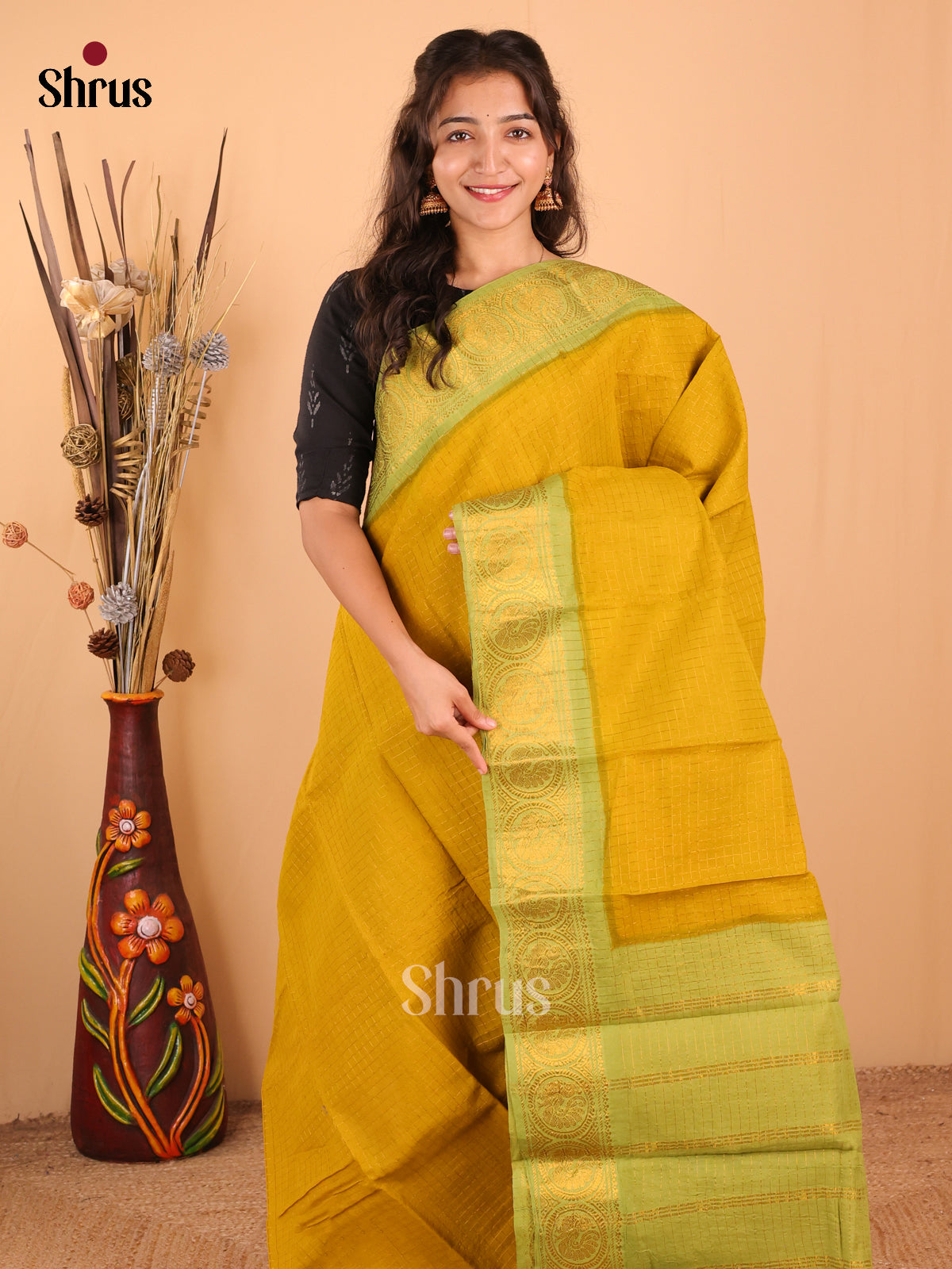 Mustard with Green - DDS15008 - Sungudi Cotton Saree - Shop on Shrus.com