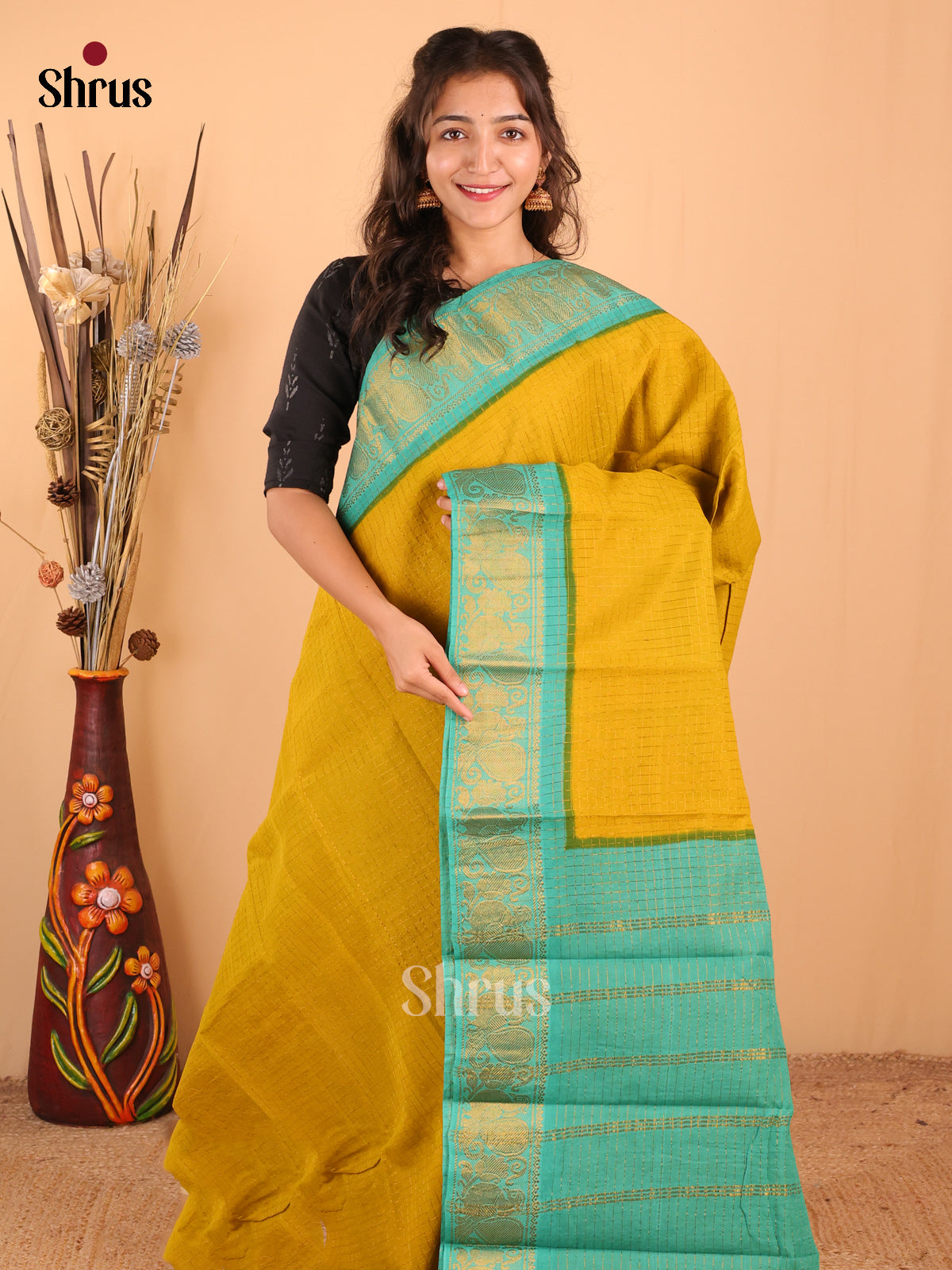 Mustardy Green with Green - DDS15009 - Sungudi Cotton Saree - Shop on Shrus.com