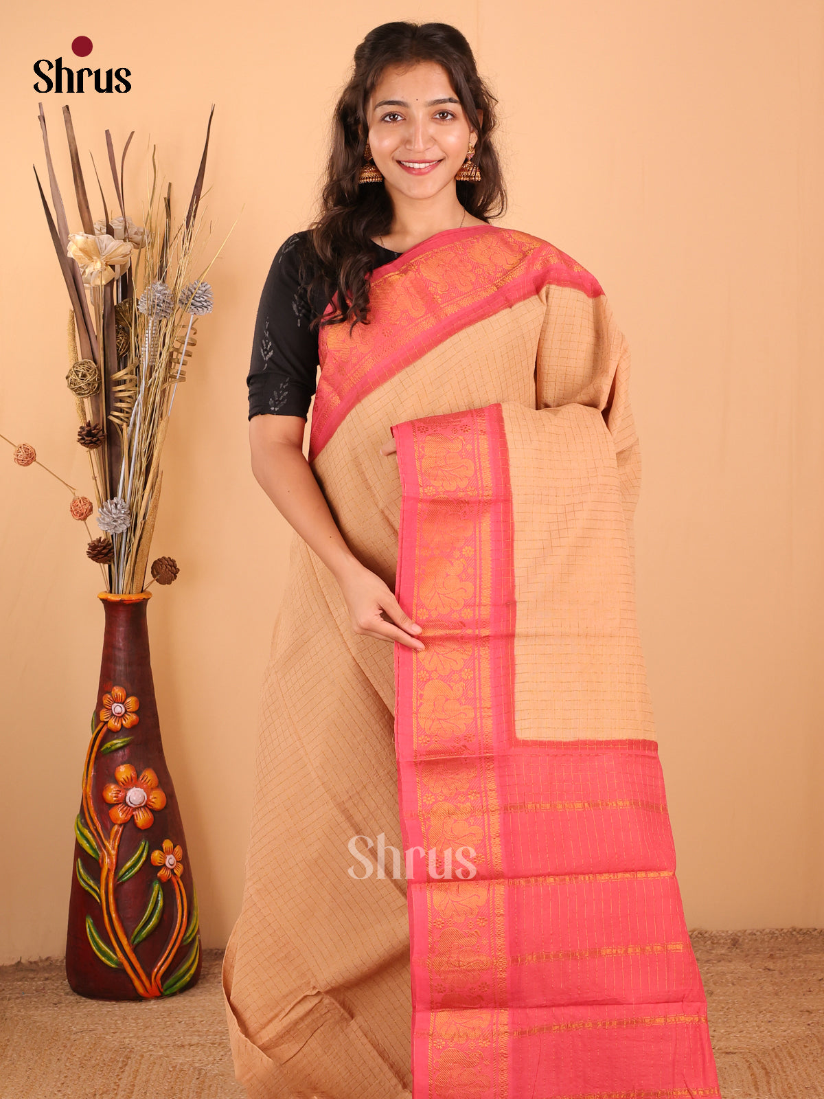 Peach with Pink - DDS15013 - Sungudi Cotton Saree - Shop on Shrus.com