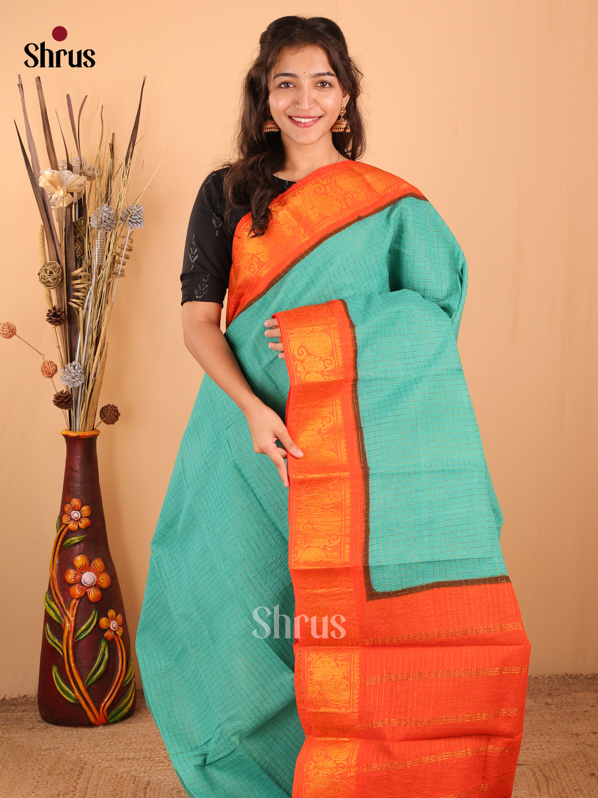 Teal with Orange - DDS15032 - Sungudi Cotton Saree - Shop on Shrus.com