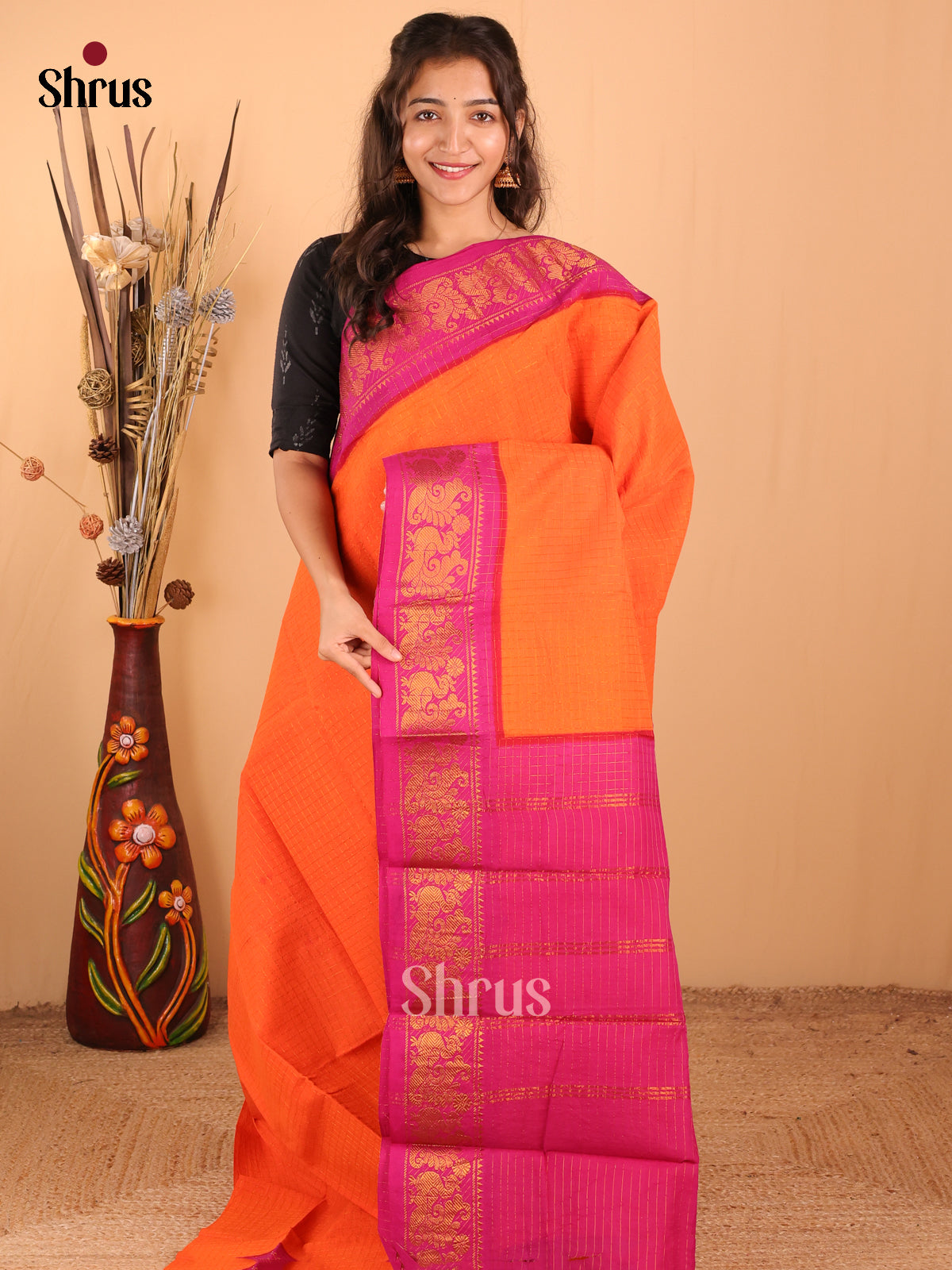 Orange with Pink - DDS15076 - Sungudi Cotton Saree - Shop on Shrus.com