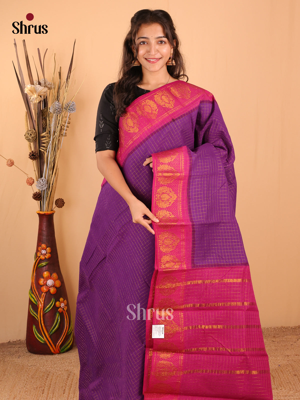 Violet with Pink - DDS15079 - Sungudi Cotton Saree - Shop on Shrus.com