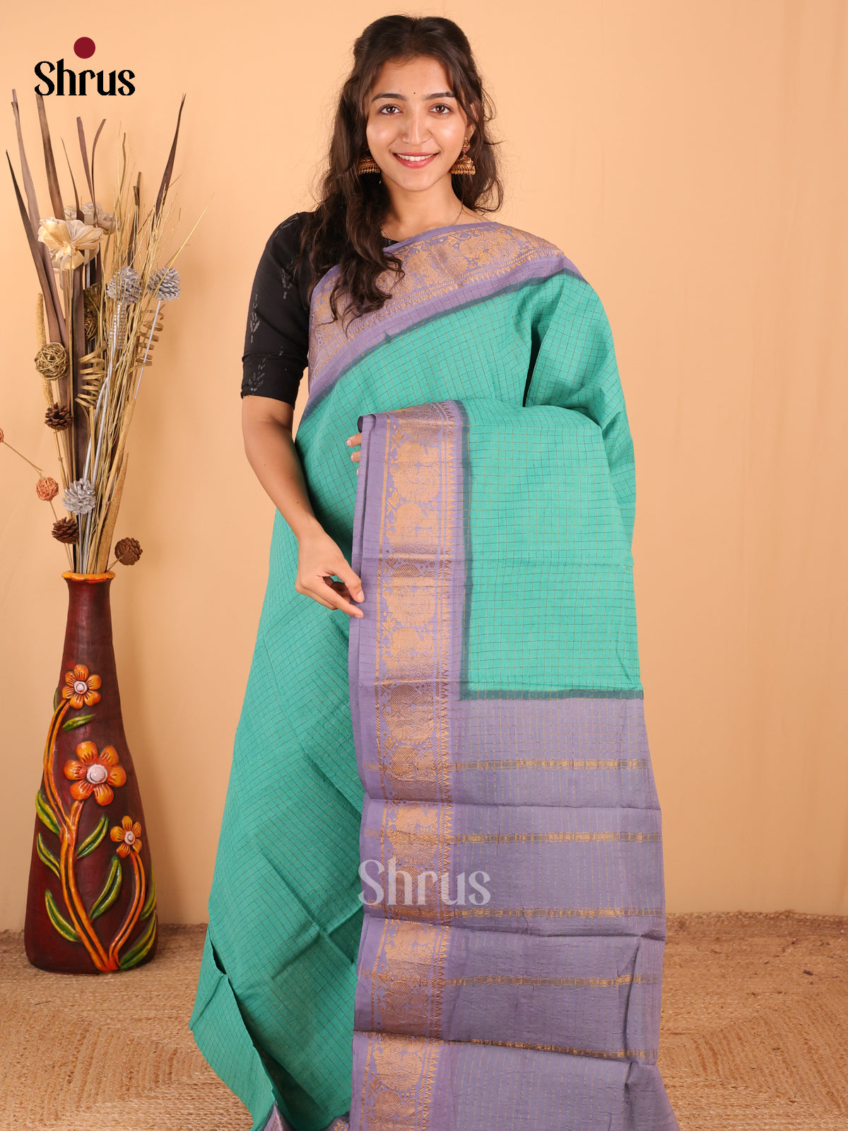 Teal Green with Lavender - DDS15081 - Sungudi Cotton Saree - Shop on Shrus.com