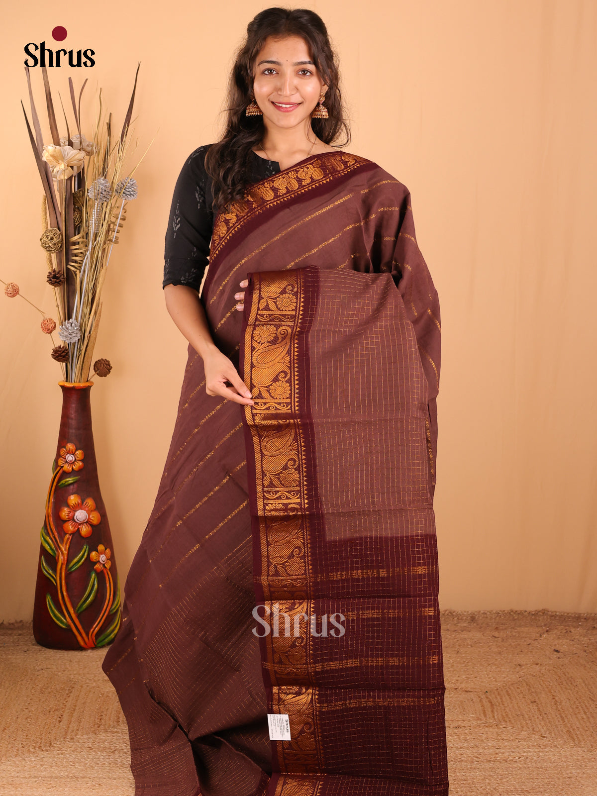 Brown with Maroon - DDS15089 - Sungudi Cotton Saree - Shop on Shrus.com
