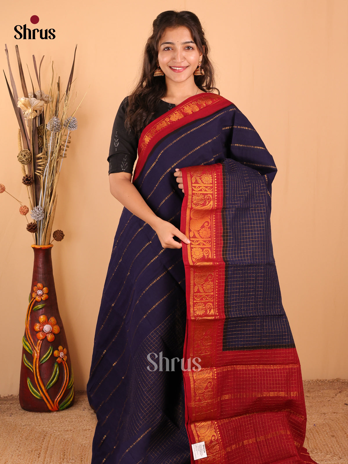 Blue with Red - DDS15090 - Sungudi Cotton Saree - Shop on Shrus.com