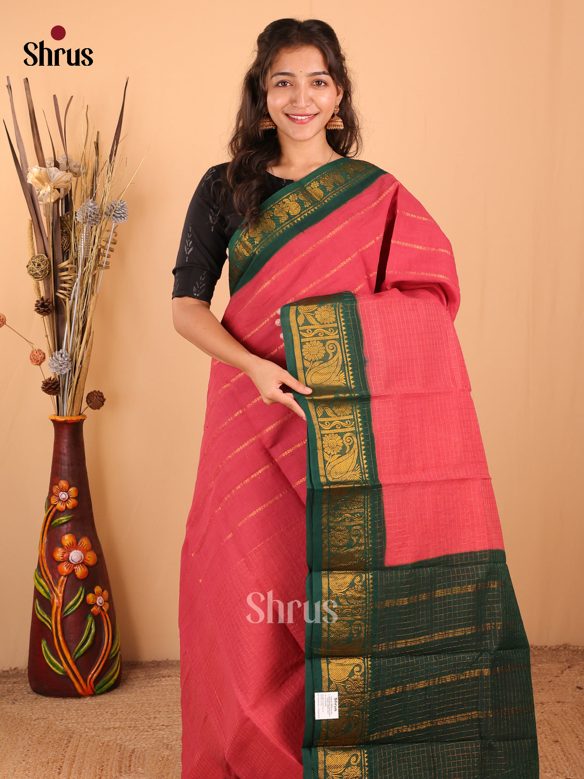 Pink with Green - DDS15096 - Sungudi Cotton Saree - Shop on Shrus.com