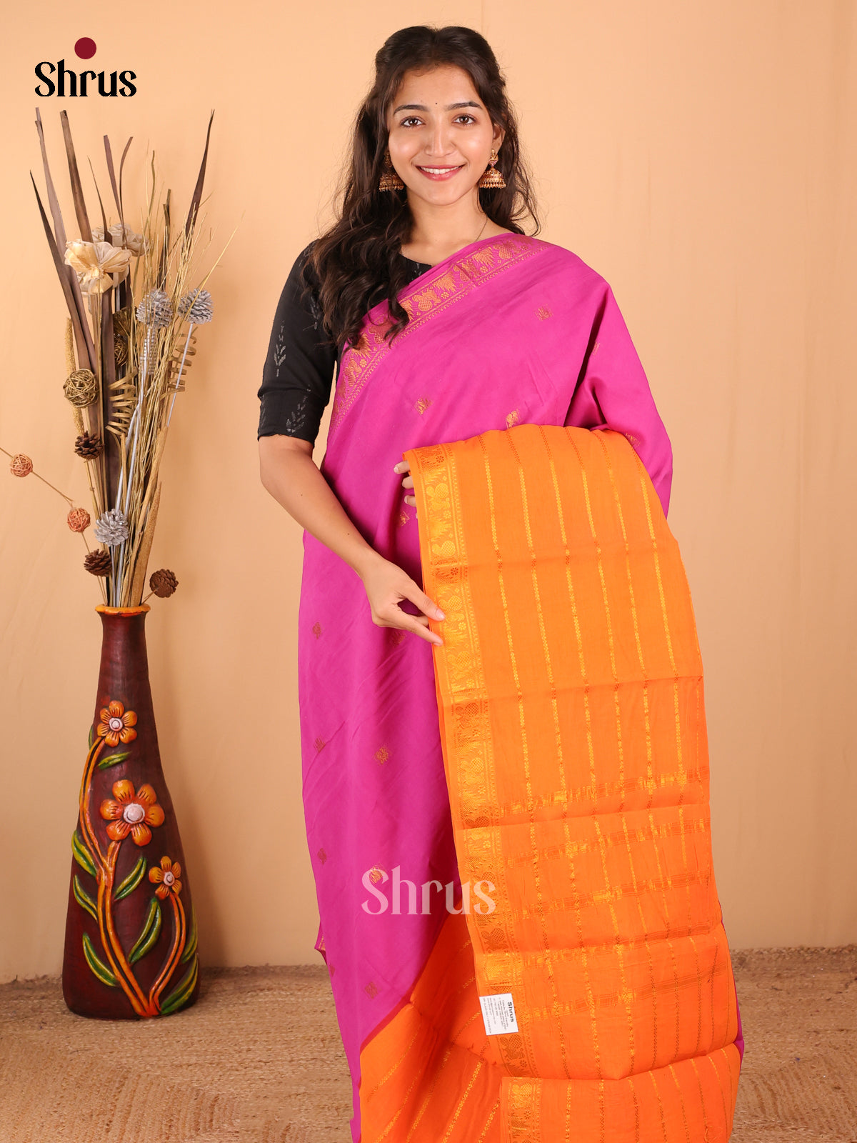 Pink with Orange - DDS15097 - Sungudi Cotton Saree - Shop on Shrus.com