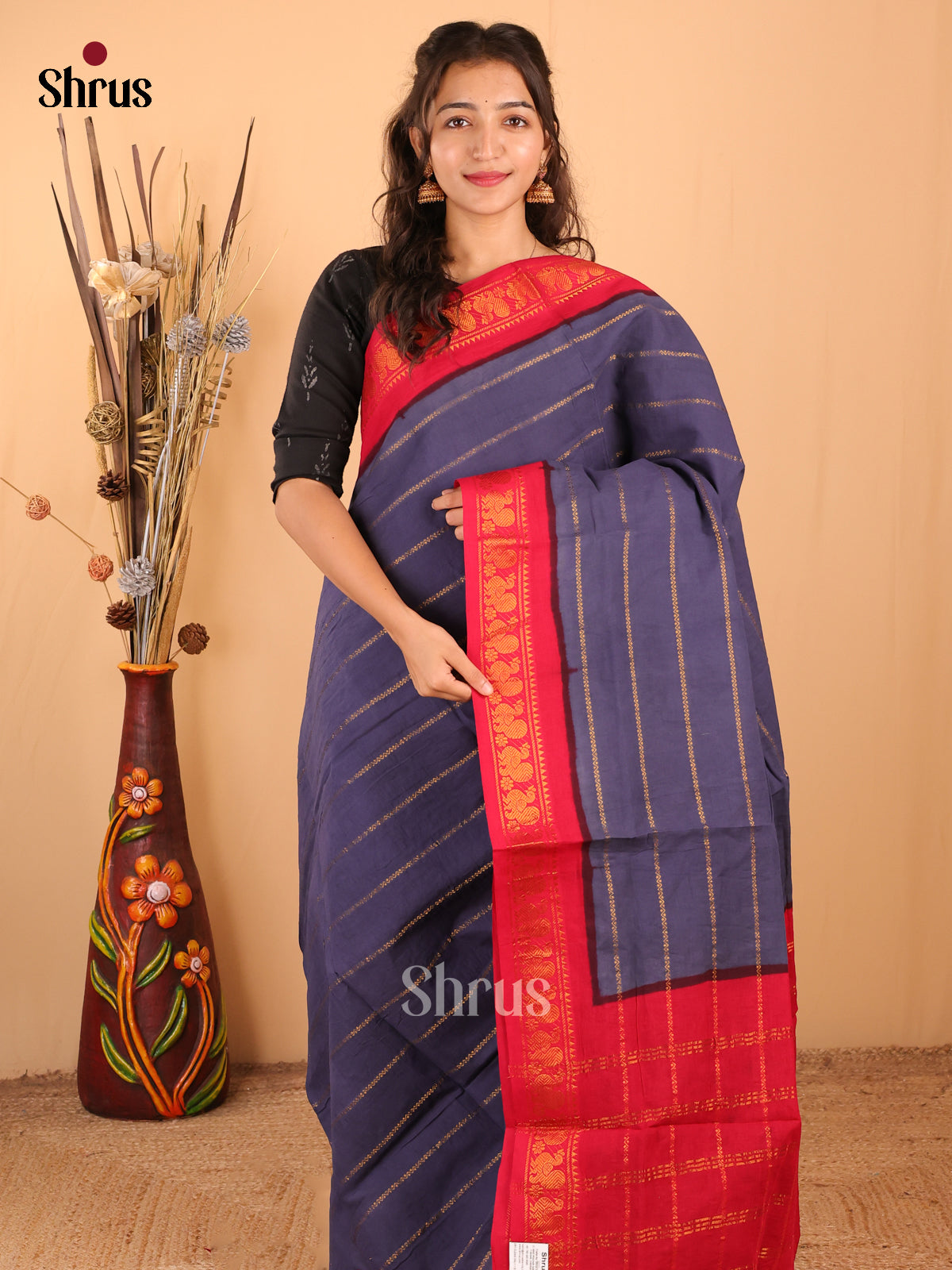 Blue with Red - DDS15104 - Sungudi Cotton Saree - Shop on Shrus.com