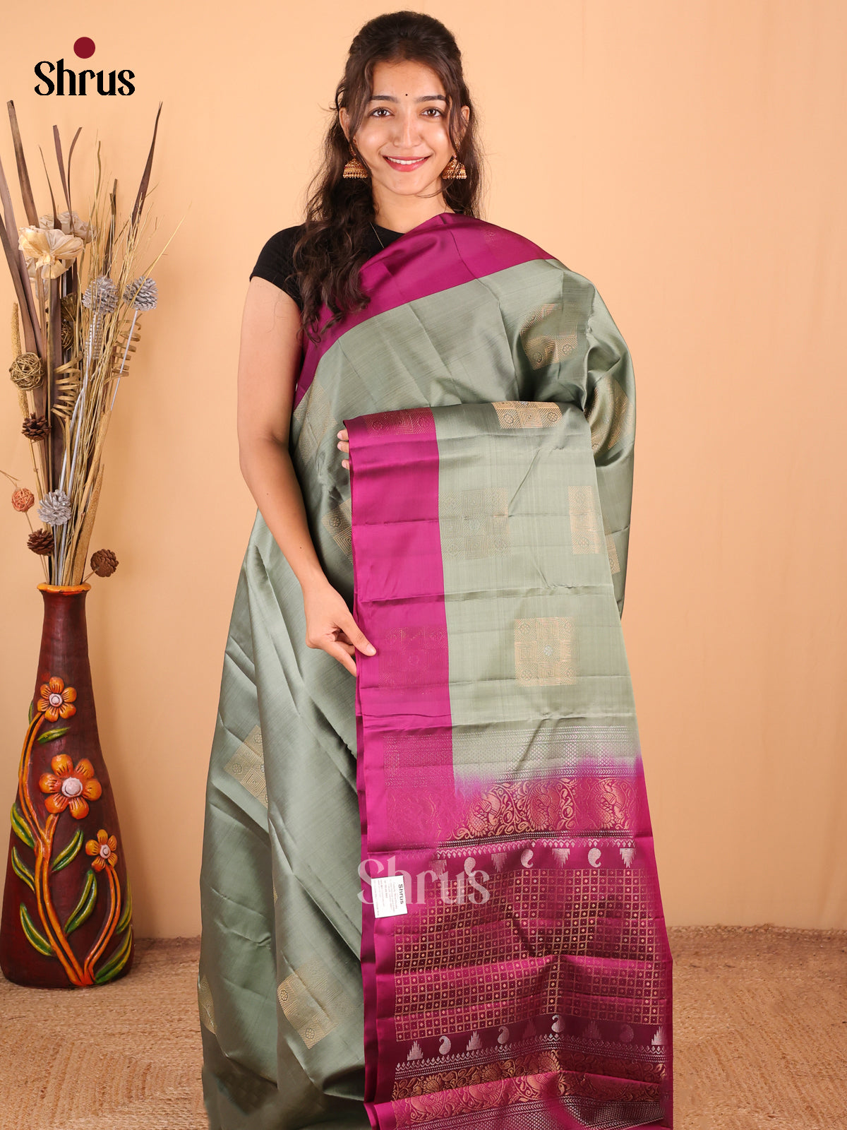 Grey with Purple - DDS15162 - Softsilk-halfpure Saree - Shop on Shrus.com