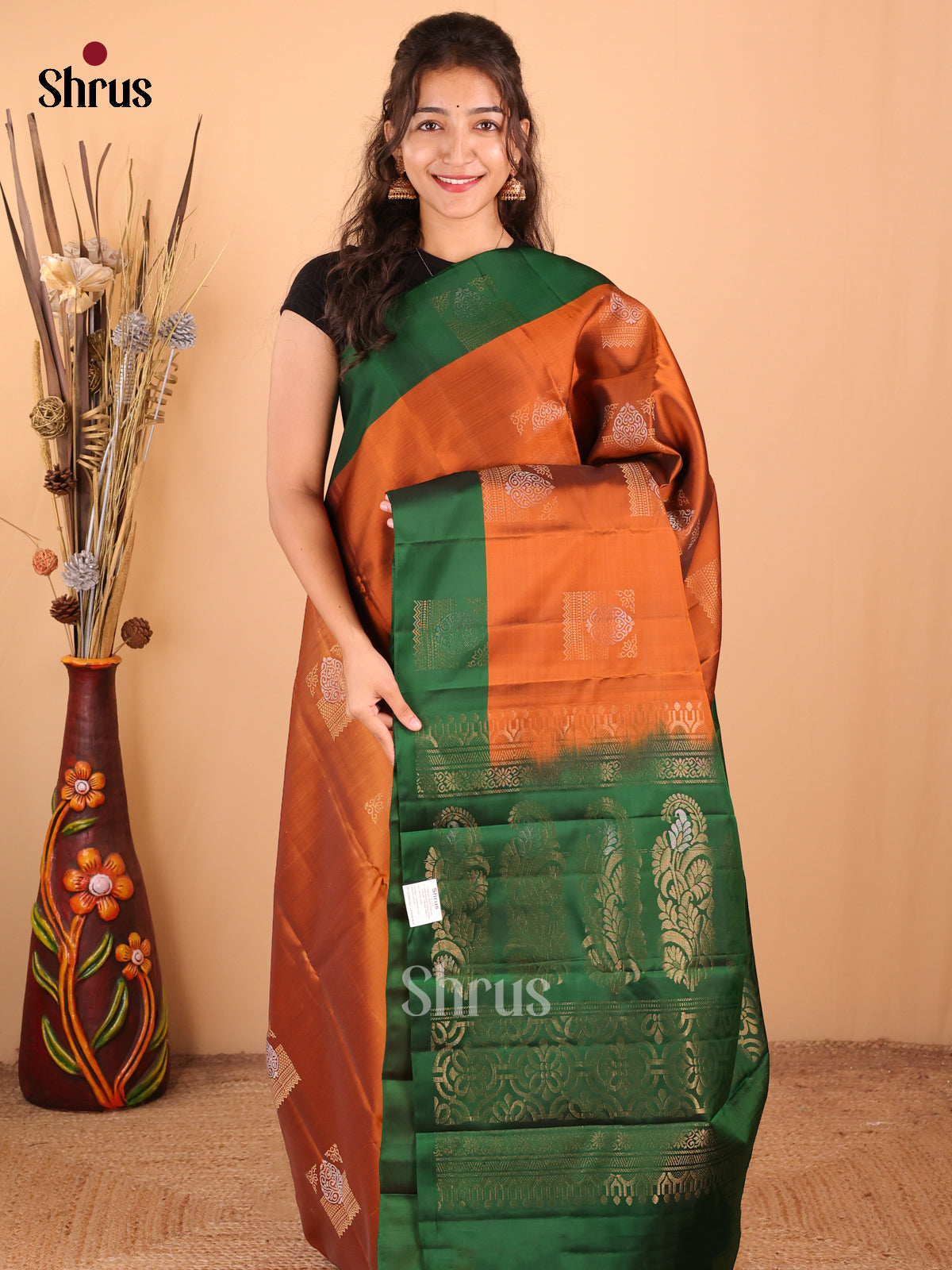 Rust with Green - DDS15167 - Softsilk-halfpure Saree - Shop on Shrus.com