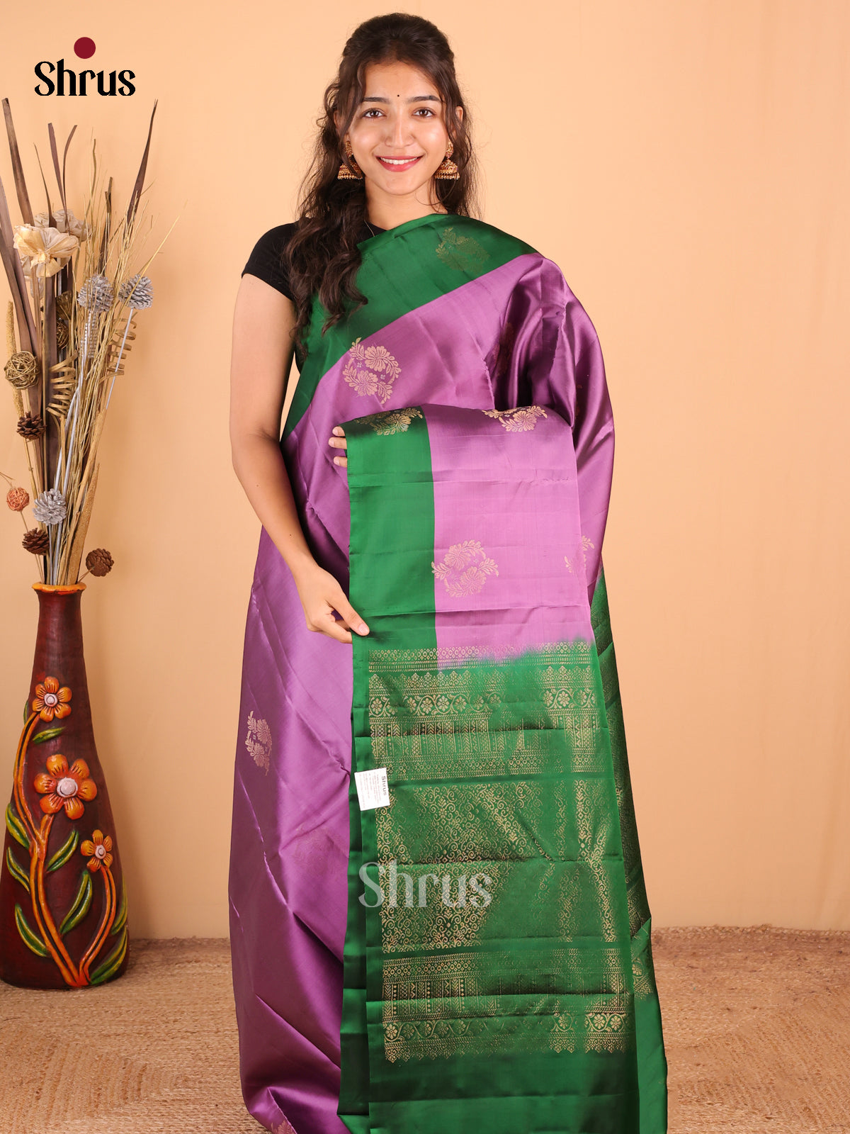 Purple with Green - DDS15178 - Softsilk-halfpure Saree - Shop on Shrus.com