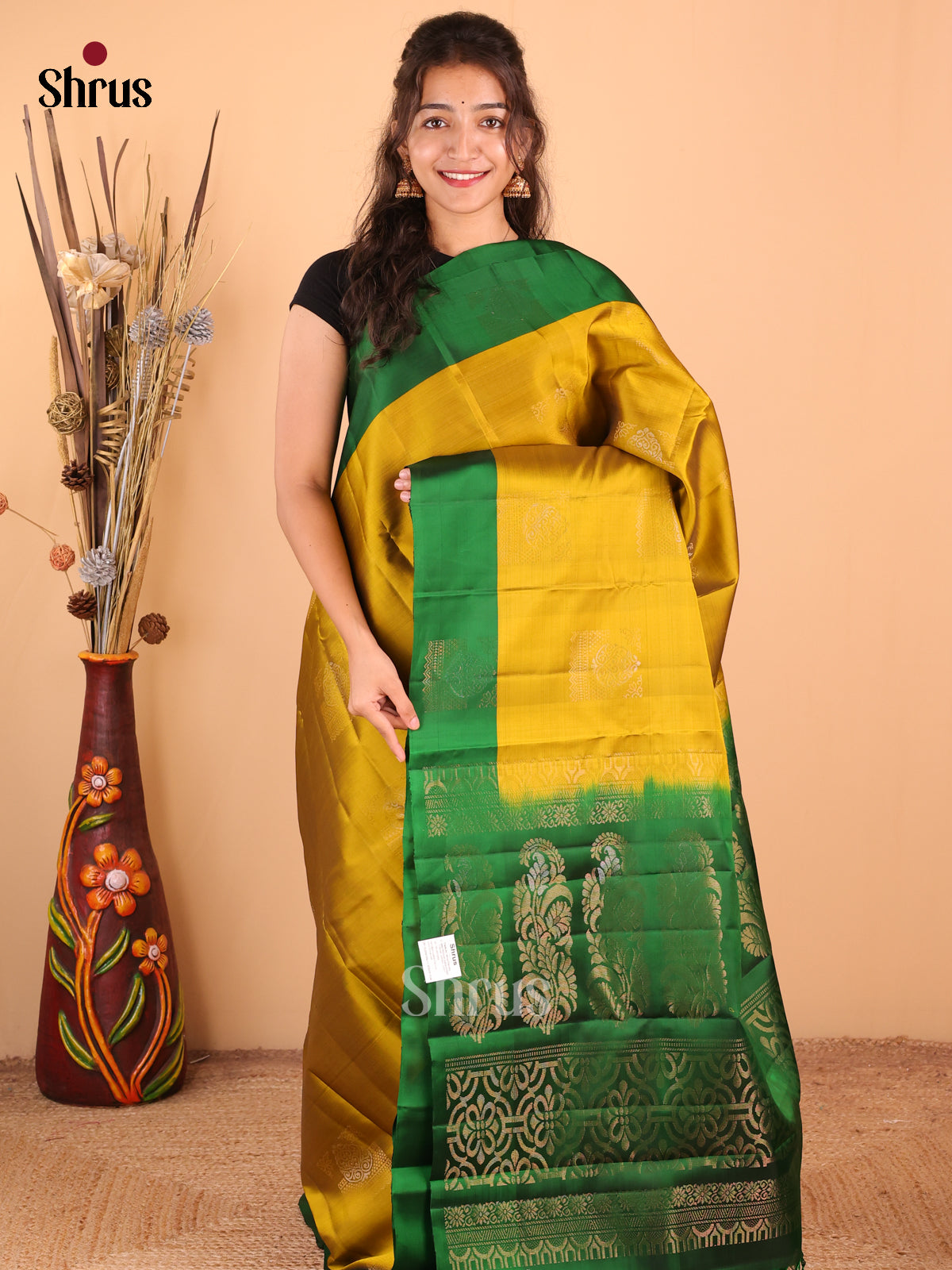 Mustardy Green with Green - DDS15183 - Softsilk-halfpure Saree - Shop on Shrus.com