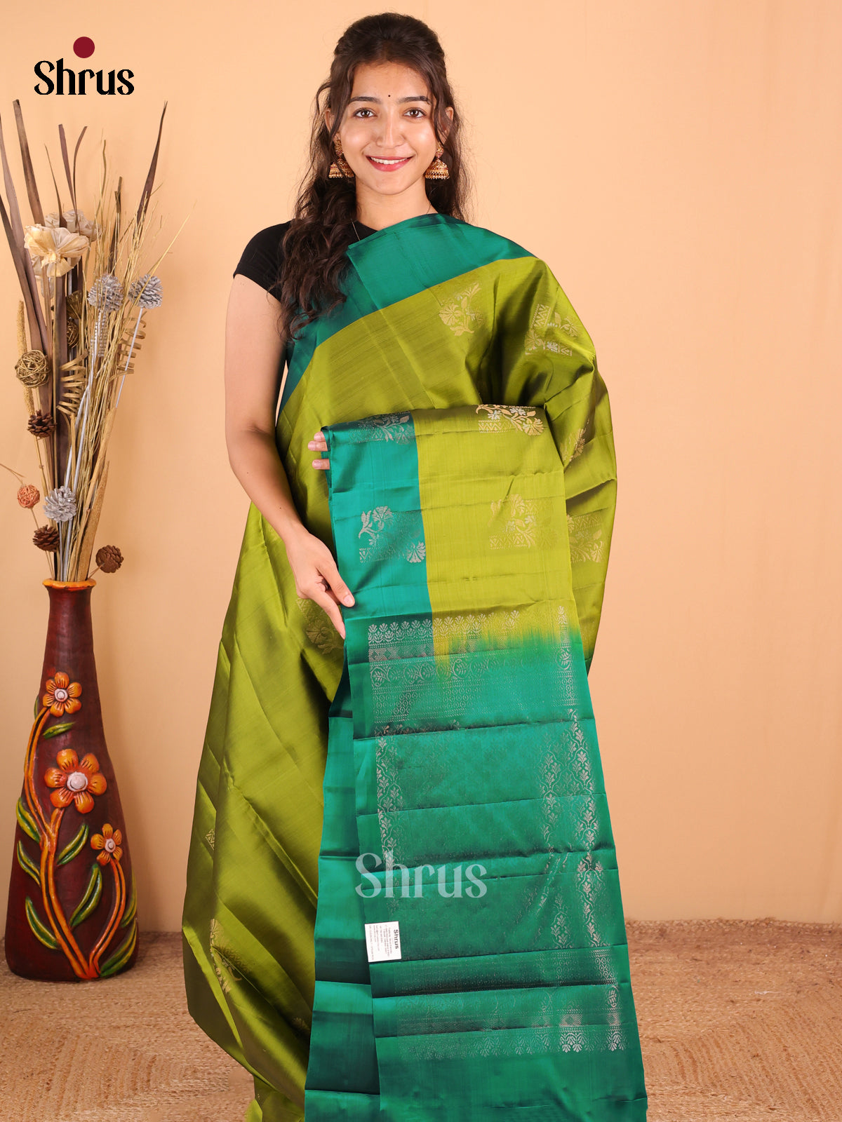 Mehandi with Green - DDS15187 - Softsilk-halfpure Saree - Shop on Shrus.com