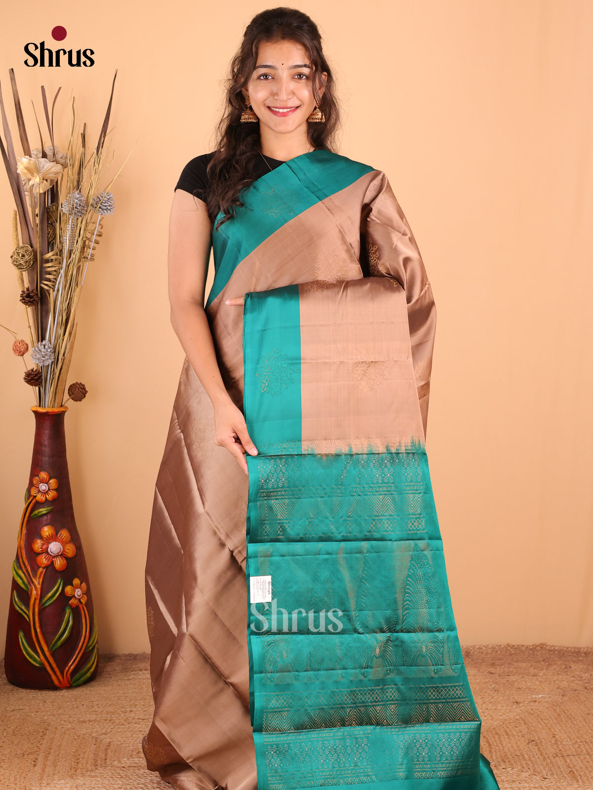 Brown with Green - DDS15189 - Softsilk-halfpure Saree - Shop on Shrus.com