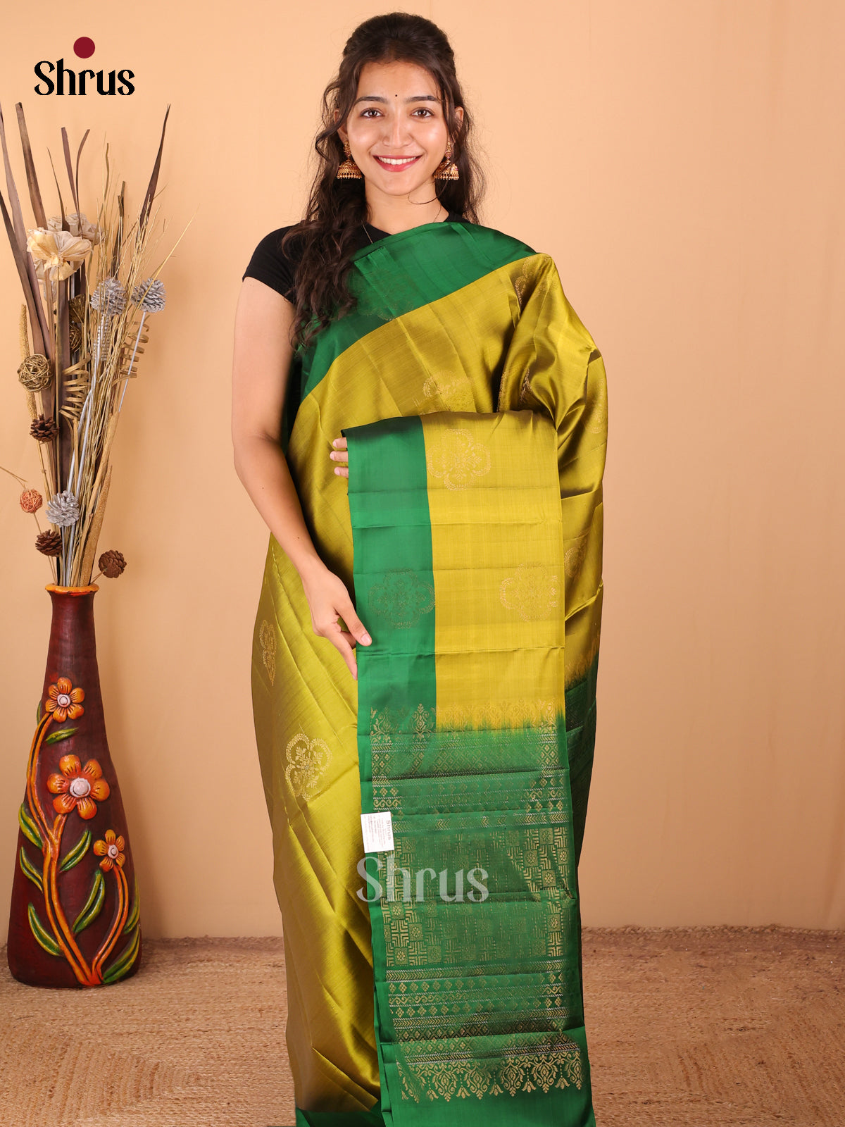 Mustardy Green With Green - DDS15195 - Softsilk-halfpure Saree - Shop on Shrus.com
