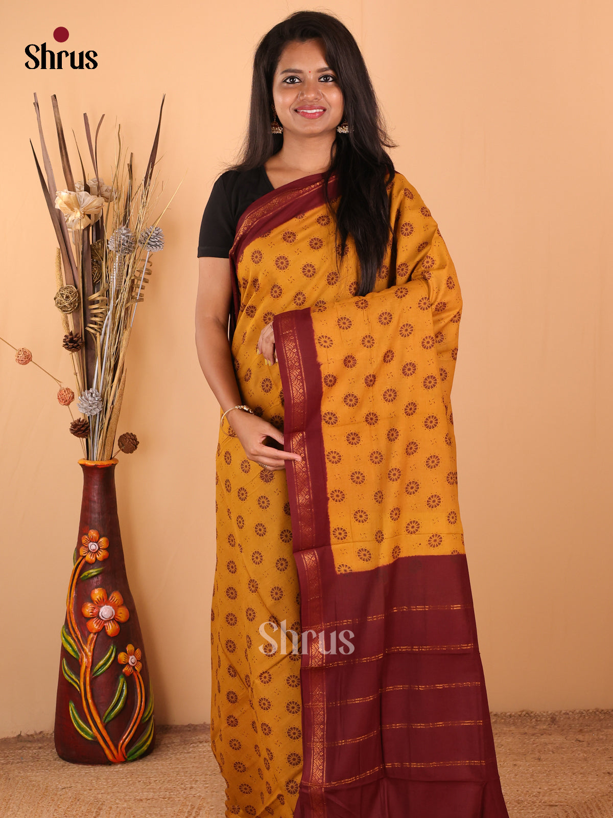 Mustard with Maroon - DDS15206 - Sungudi Cotton Saree - Shop on Shrus.com