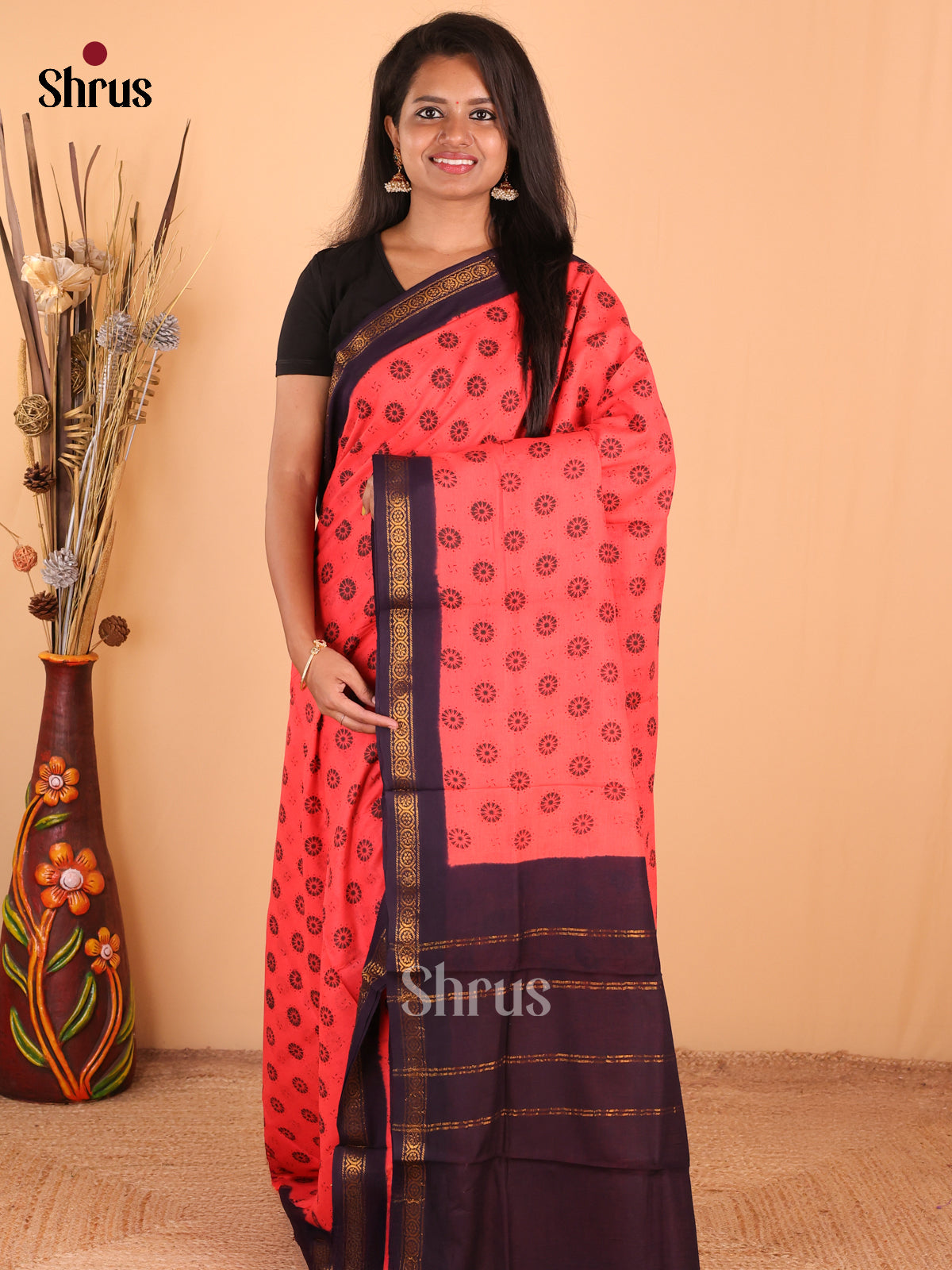 Peachish Pink with Blue - DDS15211 - Sungudi Cotton Saree - Shop on Shrus.com