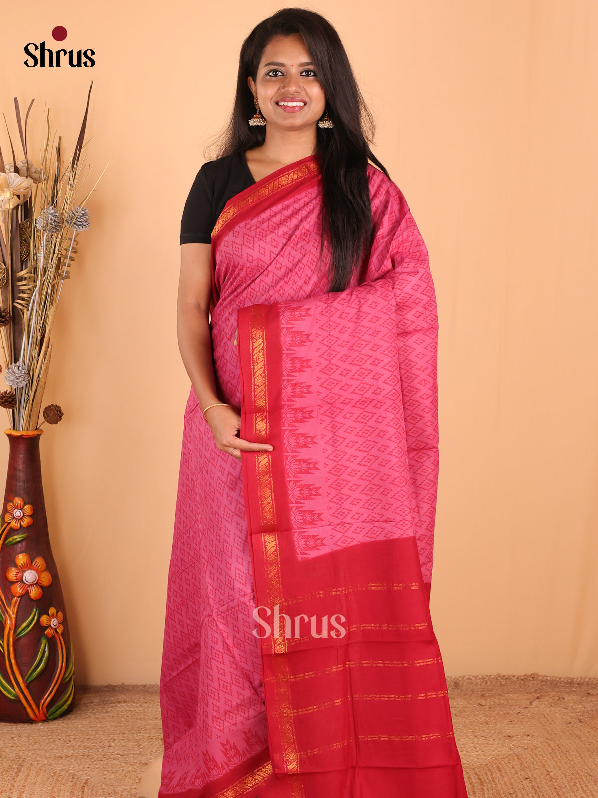 Pink with Red - DDS15213 - Sungudi Cotton Saree - Shop on Shrus.com