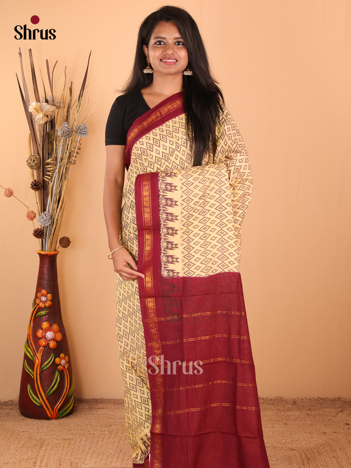 Lite Yellow with Maroon - DDS15214 - Sungudi Cotton Saree - Shop on Shrus.com