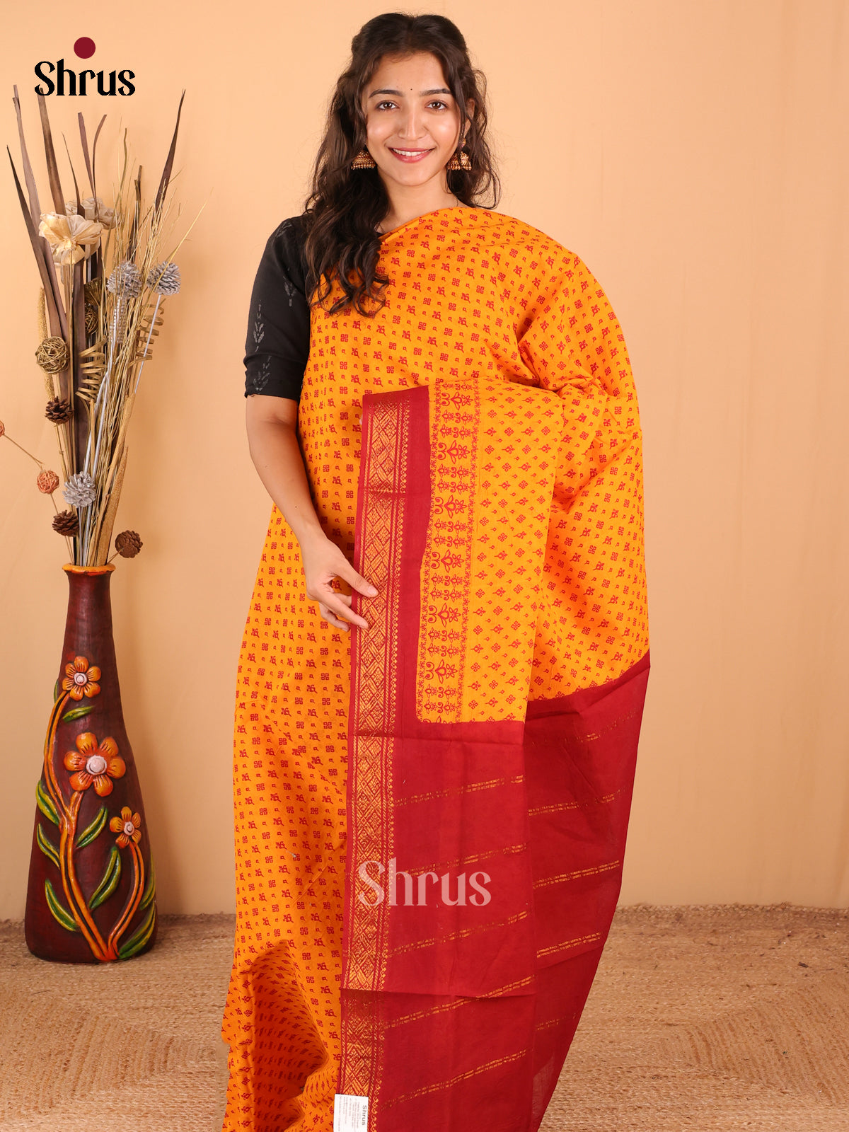 Mustard with Red - DDS15227 - Sungudi Cotton Saree - Shop on Shrus.com