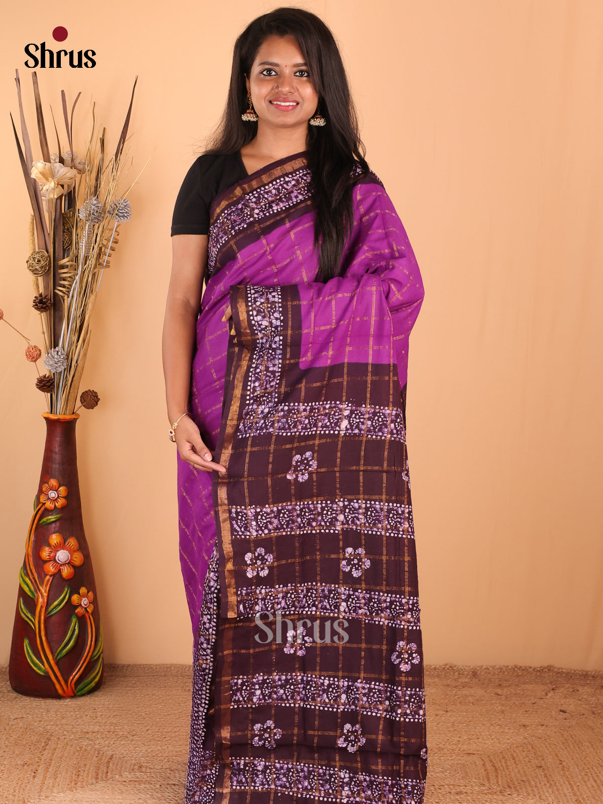 Purple with Brown - DDS15245 - Sungudi Cotton Saree - Shop on Shrus.com