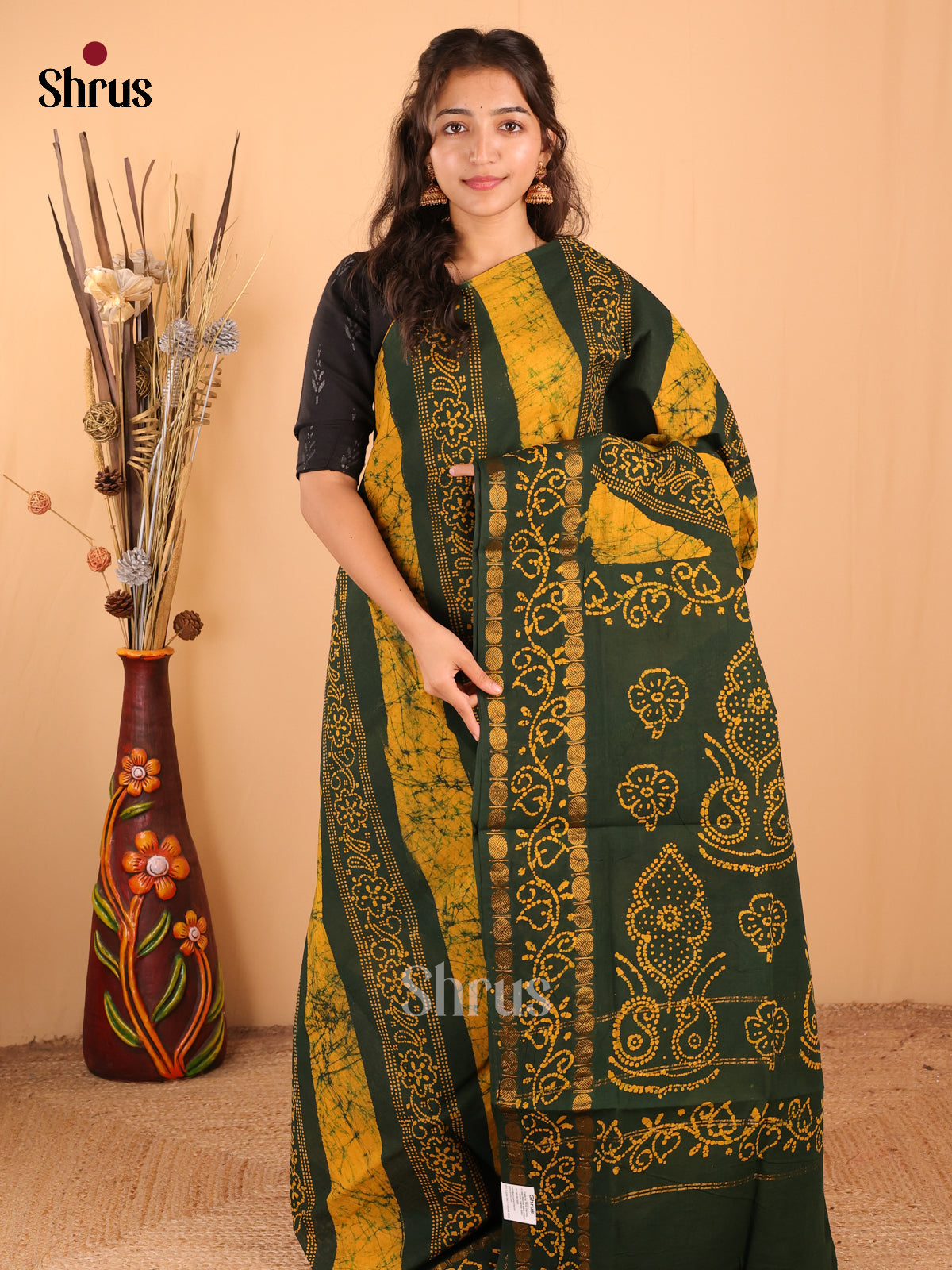 Yellow & Green - DDS15257 - Sungudi Cotton Saree - Shop on Shrus.com