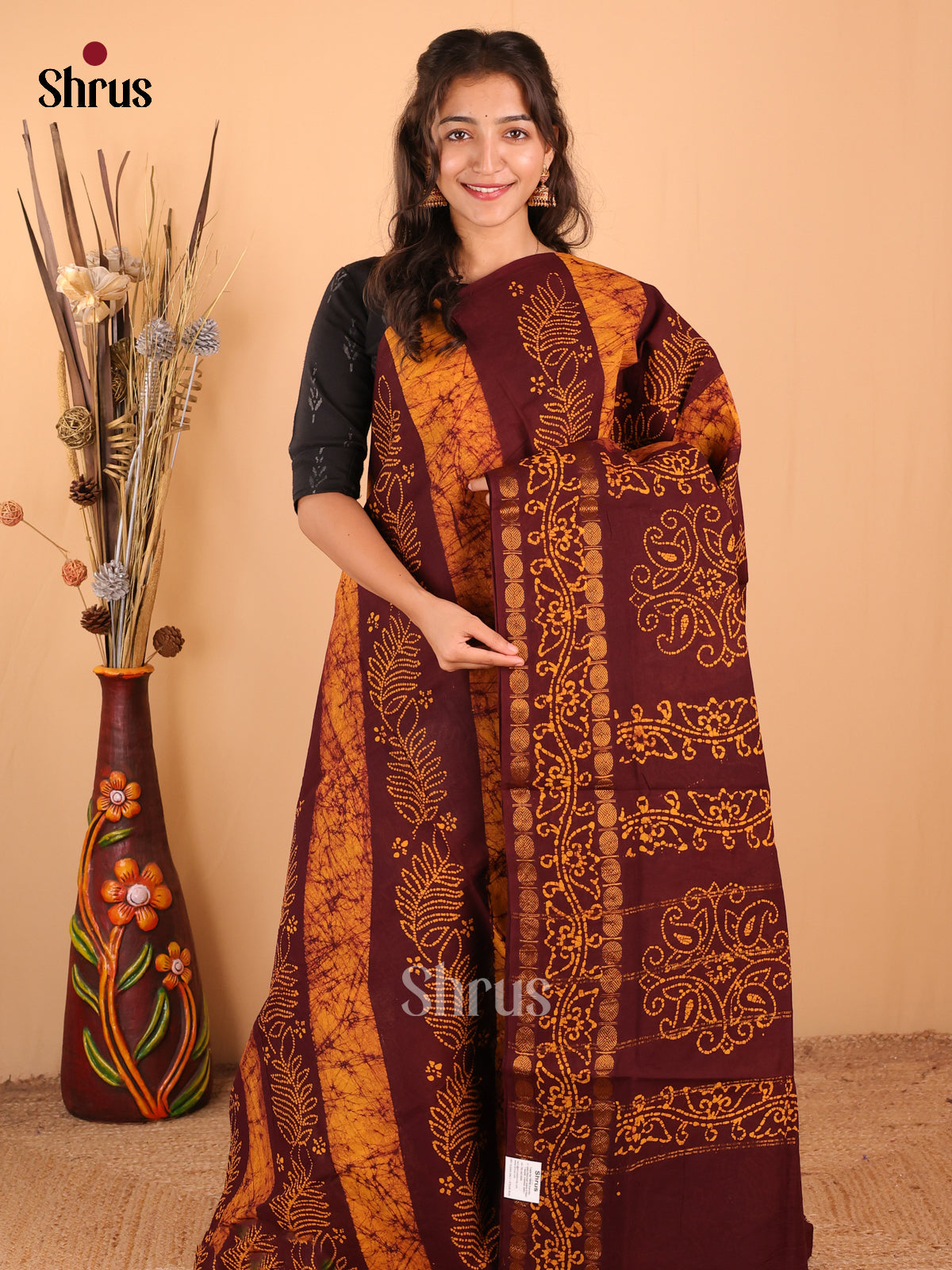 Mustard with Maroon - DDS15259 - Sungudi Cotton Saree - Shop on Shrus.com
