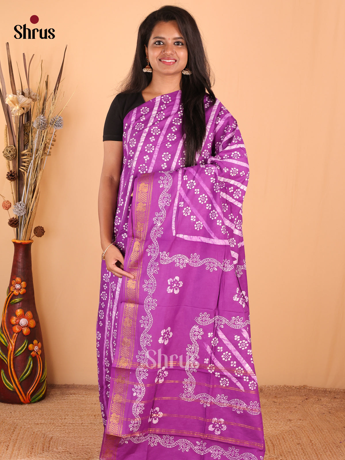 Purple - DDS15265 - Sungudi Cotton Saree - Shop on Shrus.com