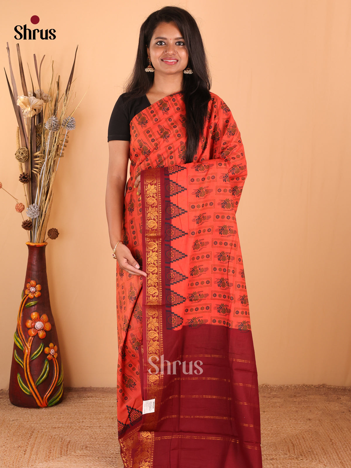 Orange with Maroon - DDS15301 - Sungudi Cotton Saree - Shop on Shrus.com