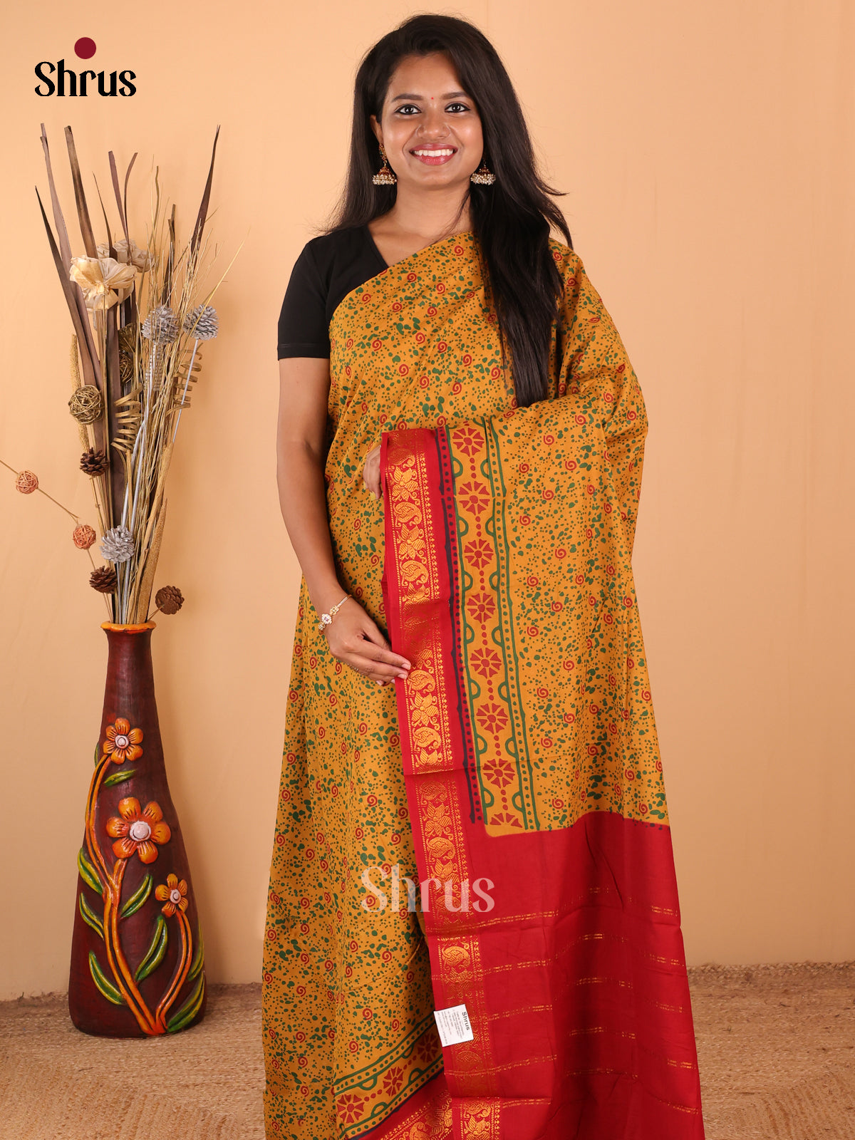 Mustard with Red - DDS15309 - Sungudi Cotton Saree - Shop on Shrus.com