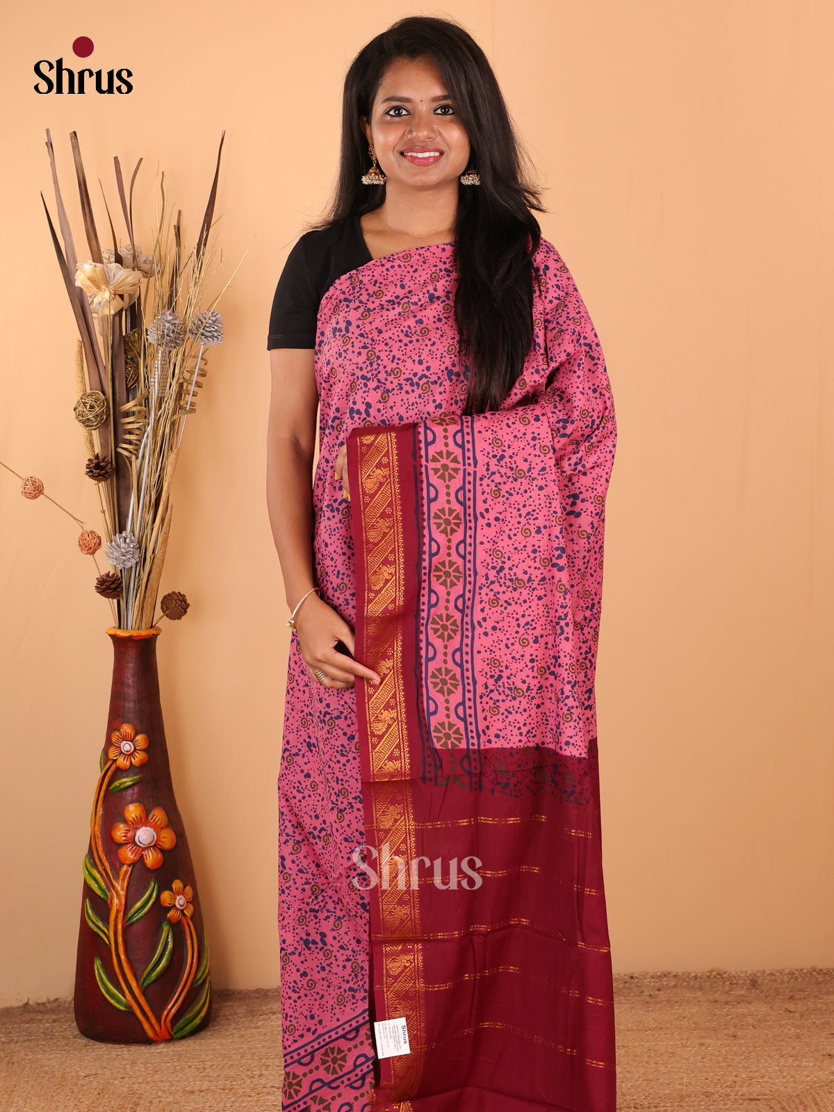 Pink with Maroon - DDS15312 - Sungudi Cotton Saree - Shop on Shrus.com