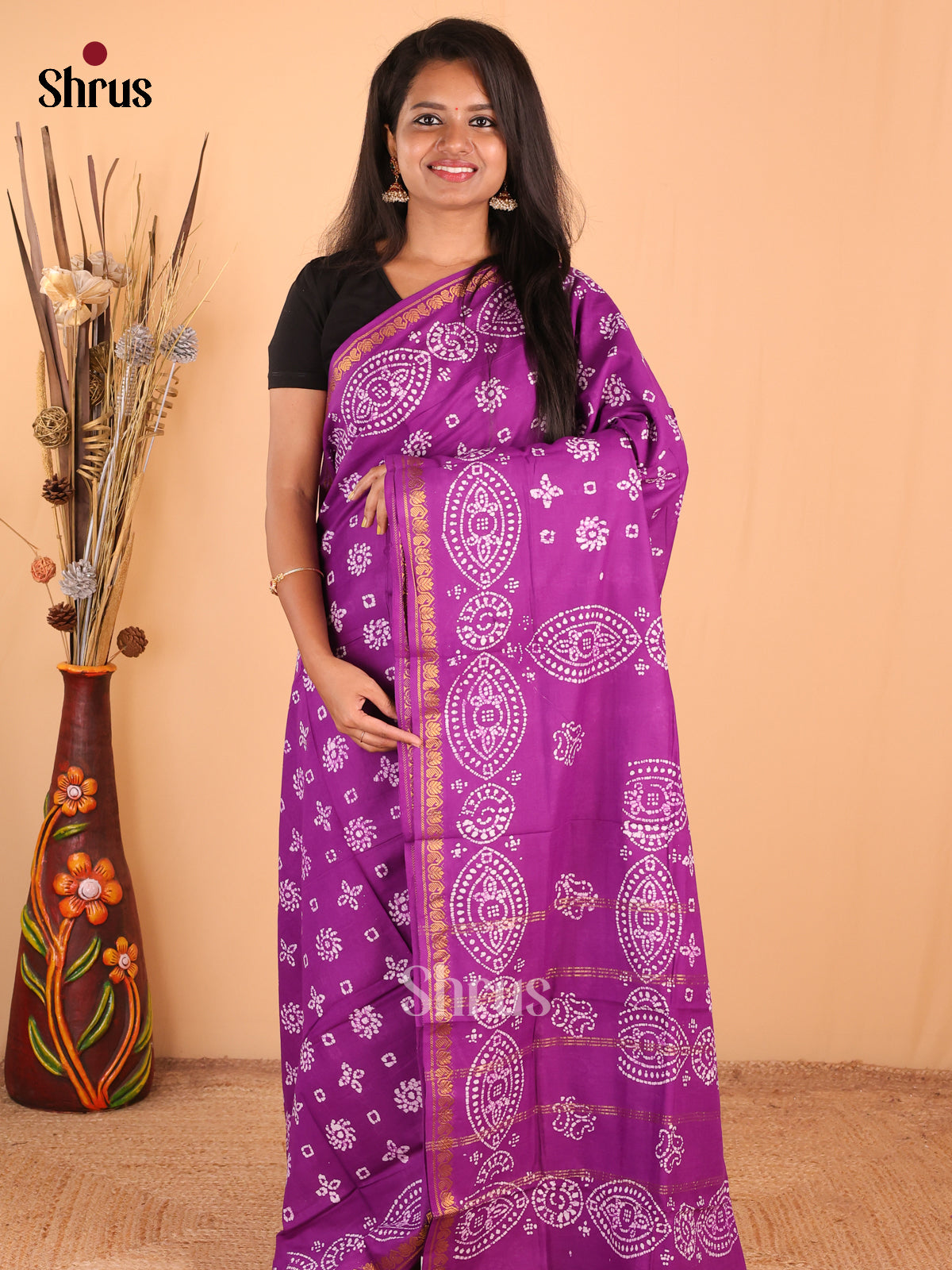 Purple - DDS15320 - Sungudi Cotton Saree - Shop on Shrus.com