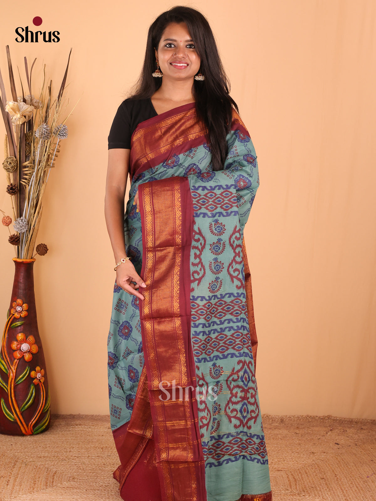 Blue with Maroon  - DDS15336 - Sungudi Cotton Saree - Shop on Shrus.com
