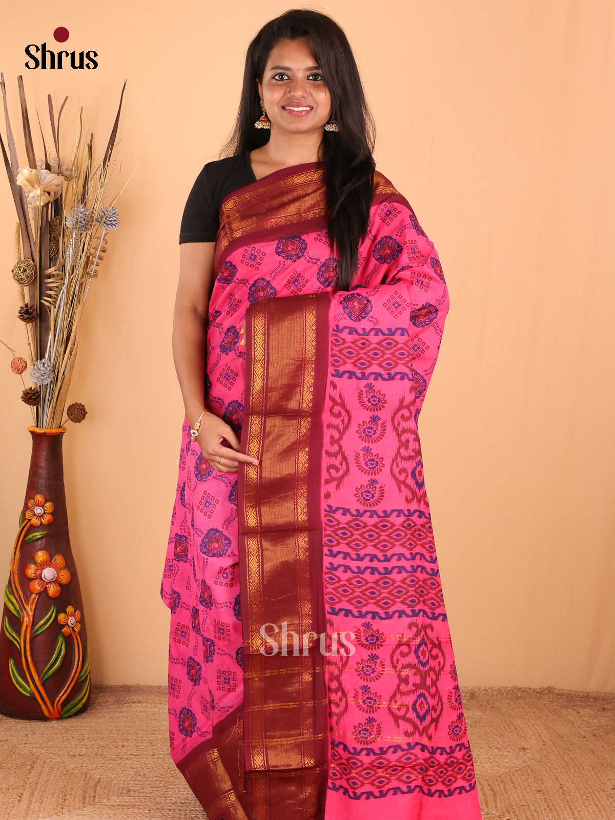 Pink with Maroon - DDS15337 - Sungudi Cotton Saree - Shop on Shrus.com