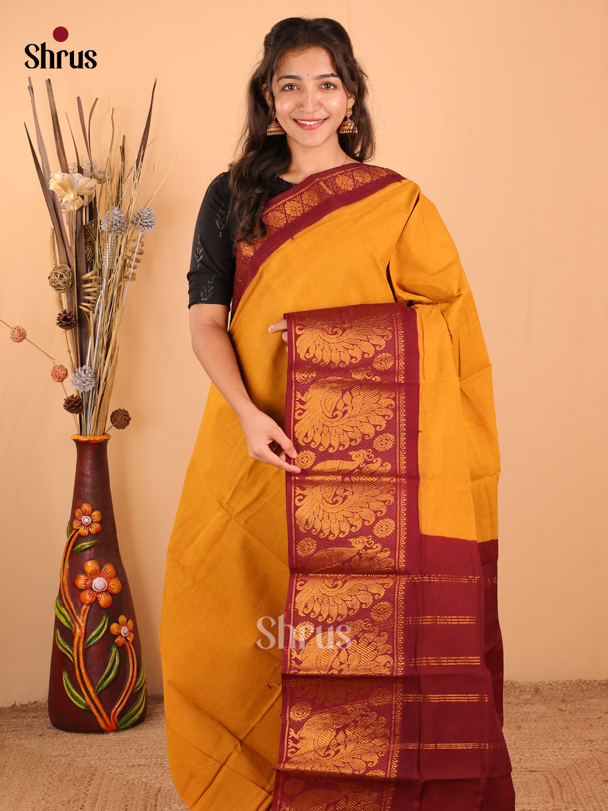 Mustard with Maroon - DDS15354 - Sungudi Cotton Saree - Shop on Shrus.com