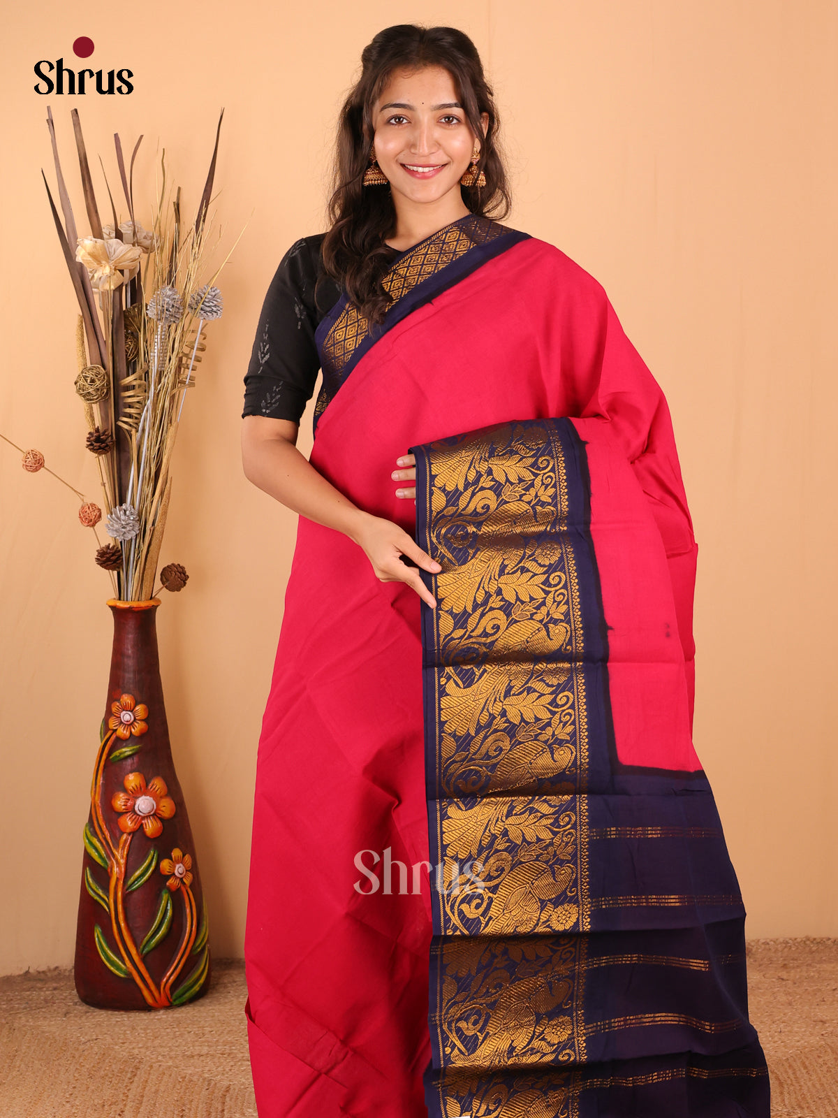 Pink with Blue - DDS15355 - Sungudi Cotton Saree - Shop on Shrus.com