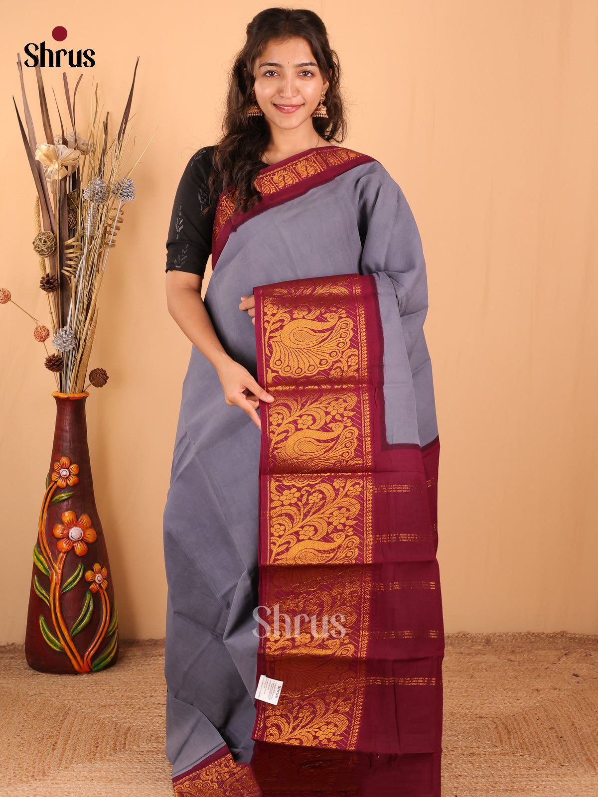 Grey with Maroon - DDS15356 - Sungudi Cotton Saree - Shop on Shrus.com